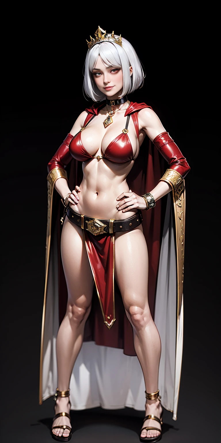 ((BLACK BACKGROUND,1:2, masterpiece)), full body MILF BIMBO standing with two long thighs and two high heels, red eyes, silver white hair, short bob style hair, big breasts, cleavage, separate sleeves, tiara royal, long cape up to two feet, yellow bikini, hands on waist, navel, lustful smirking smiling, smile face (red blushed, red cheeks), metal shoulders, gold sleeveless armbands, black leather choker slave collar, shackle bracelets, slave red crest, full body MILF BIMBO standing with two long thighs and two metal sandals, red eyes, silver white hair, short bob style hair, big breasts, cleavage, separate sleeves, tiara royal, long cape up to two feet, yellow bikini, tiger bikini stripes, hands on waist, navel, lustful smirking smiling, smile face (red blushed, red cheeks), metal shoulders, gold sleeveless armbands, black leather choker slave collar, shackle bracelets, slave red crest, pauldrons, breastplate, corset, eye focus, full body, whole body 1solo slave fighter, loincloth standing, hands on hips, metal sandals, backpack, choker, big belt around waist, view from below, feet together, bracers, tiara)