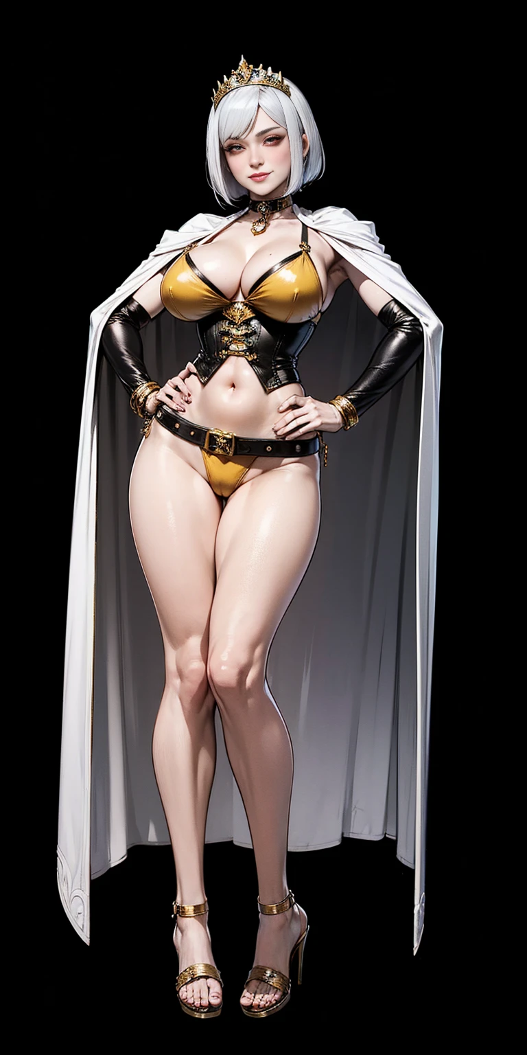 ((BLACK BACKGROUND,1:2, masterpiece)), full body MILF BIMBO standing with two long thighs and two high heels, red eyes, silver white hair, short bob style hair, big breasts, cleavage, separate sleeves, tiara royal, long cape up to two feet, yellow bikini, hands on waist, navel, lustful smirking smiling, smile face (red blushed, red cheeks), metal shoulders, gold sleeveless armbands, black leather choker slave collar, shackle bracelets, slave red crest, full body MILF BIMBO standing with two long thighs and two metal sandals, red eyes, silver white hair, short bob style hair, big breasts, cleavage, separate sleeves, tiara royal, long cape up to two feet, yellow bikini, tiger bikini stripes, hands on waist, navel, lustful smirking smiling, smile face (red blushed, red cheeks), metal shoulders, gold sleeveless armbands, black leather choker slave collar, shackle bracelets, slave red crest, pauldrons, breastplate, corset, eye focus, full body, whole body 1solo slave fighter, loincloth standing, hands on hips, metal sandals, backpack, choker, big belt around waist, view from below, feet together, bracers, tiara)