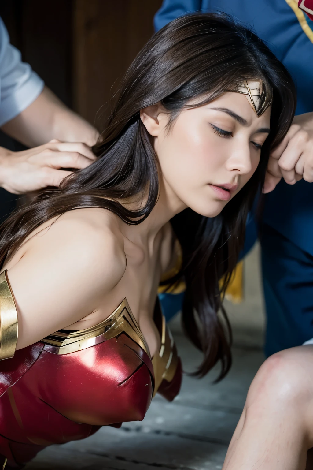 From the side,perfect wonder woman costume,Get on all fours,sleeping face,Close ~ eyes,Open your mouth,Tired face,Face of Suffering,sky face,sleeping face,Fight with the men,Surrounded by men,,caught between men,obsessed with men,Entanglement with men, Attacked by men,assaulted by men,Being bullied by a man,Sexually abused by a man,Captured by a man,Being restrained by a man、touch your face,、Hair is pulled hard,My head is grabbed,licked my hair,lick my face,brown hair, masterpiece、beautiful girl、fine 目、puffy eyes、highest quality, 超High resolution, (reality: 1.4), Cinema Lighting,so beautiful、Beautiful Skin、(超reality的な)、(High resolution)、(8k)、(Very detailed)、(beautiful and fine 目)、(Very detailed)、 Detailed face、slanted bangeshi hair、brown hair、20-year-old、Wonder Woman Cosplay,Wonder Woman's Tiara