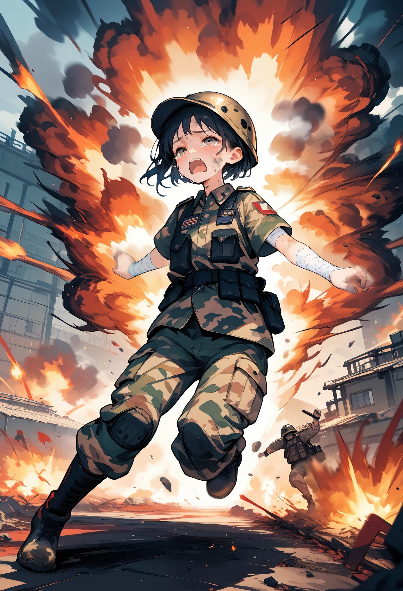 score_10,score_9_up,score_8_up,score_7_up,a female soldier running from battle field,
depth of field, battle field,destroyed building,explosion, fire,red and black sky,smoke,(motion blur:1.3),panic,open mouth, chaos,military uniform,short hair, floating hair, loli,petite,military helmet, military boots,camouflage,tears,dirty,bandaged arm,