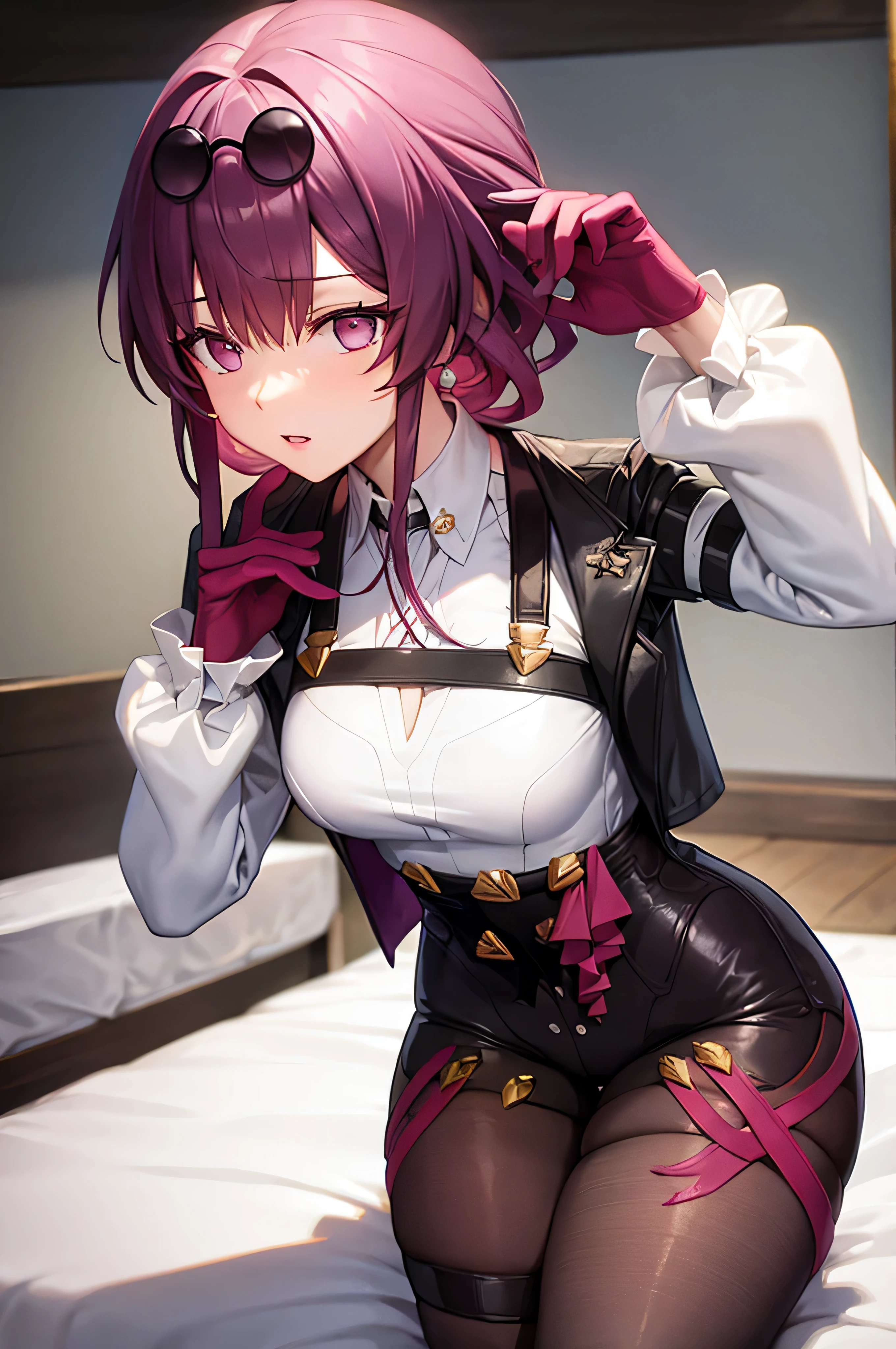 masterpiece, (detailed, highres, best quality), 1girl, kafkerdef, earrings, eyewear on head, sunglasses, white shirt, black jacket, long sleeves, purple gloves, shorts, pantyhose, thigh strap, seiza, arms behind head, bed