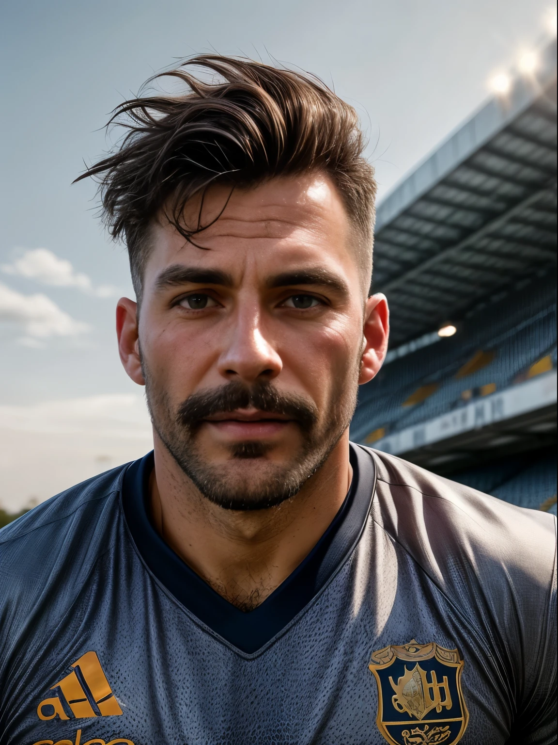 masterpiece, best quality, high resolution, closeup portrait, male focus, solo focus, A man, 40 years old, grey hair, soccer player, football player, grey silver hair, messy hairstyle, cute and seductive face, bare chest, body hair, facial hair, roman nose, very skinny body, hairy legs, cute, dimples, goatee and mustache, bold jawline , full body, sweaty, in the background an outdoor soccer football field,  view from below, amazing composition, front view, HDR, ultra quality, elegant, highly detailed, fully naked, beautiful penis, realisric male genitalia, male penis, penis, cock, dick, veiny dick