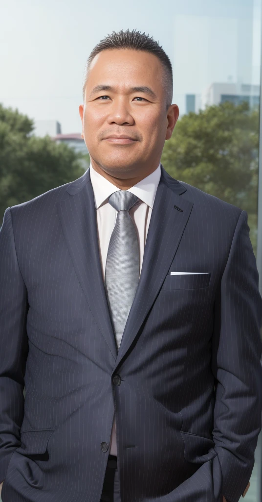 Middle aged asian man in a suit, japanese man, professional portrait, boss, CEO, overweight, fat, chubby, older man, grey pinstripe suit, large knot necktie, striped necktie