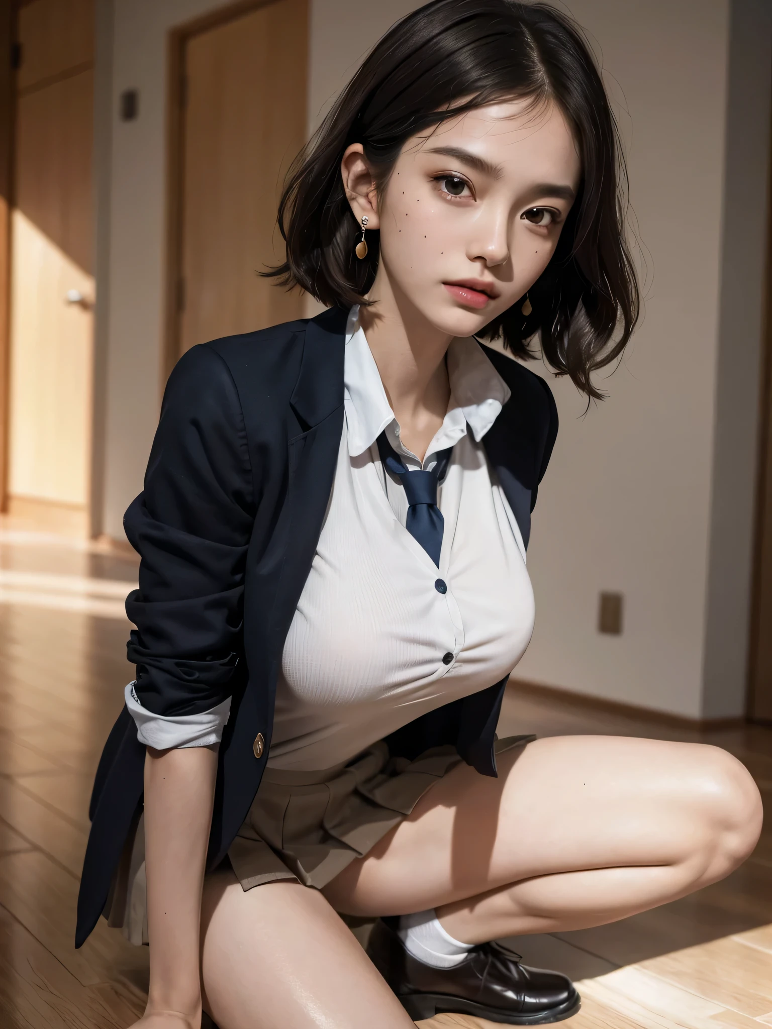 absurdres, RAW photo, extremely delicate and beautiful, masterpiece, Best Quality, ultra high resolution, 16k, hyperrealistic, ultra-detailed, perfect anatomy, super Detailed skin, perfect figure, Very detailed CG 8k wallpaper, in her 20s, very Slim body, narrow waist, very small head, very small face, delicate facial features, tearful mole, earring, thin legs, (very huge round breasts), ((full body shot)), short hair, (wavy hair), light brown hair, 1 girls, ((sweat)), (((school uniform))), (blazer),