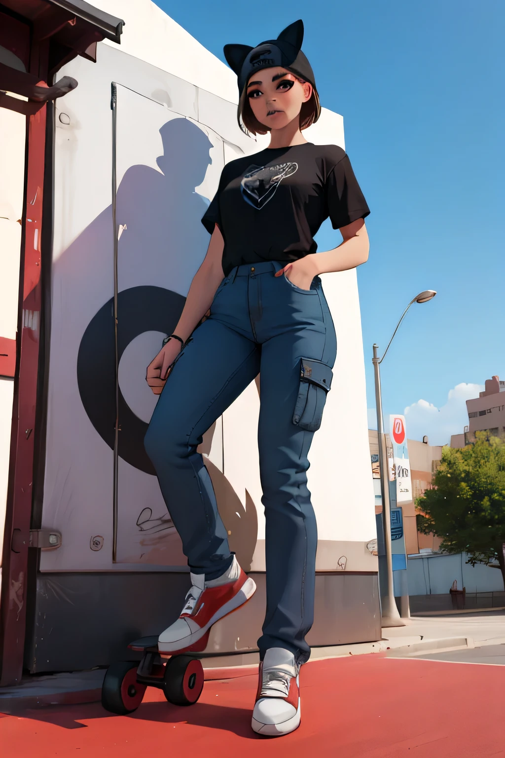  lince, con pantalones cargo colo negro, skater girl 