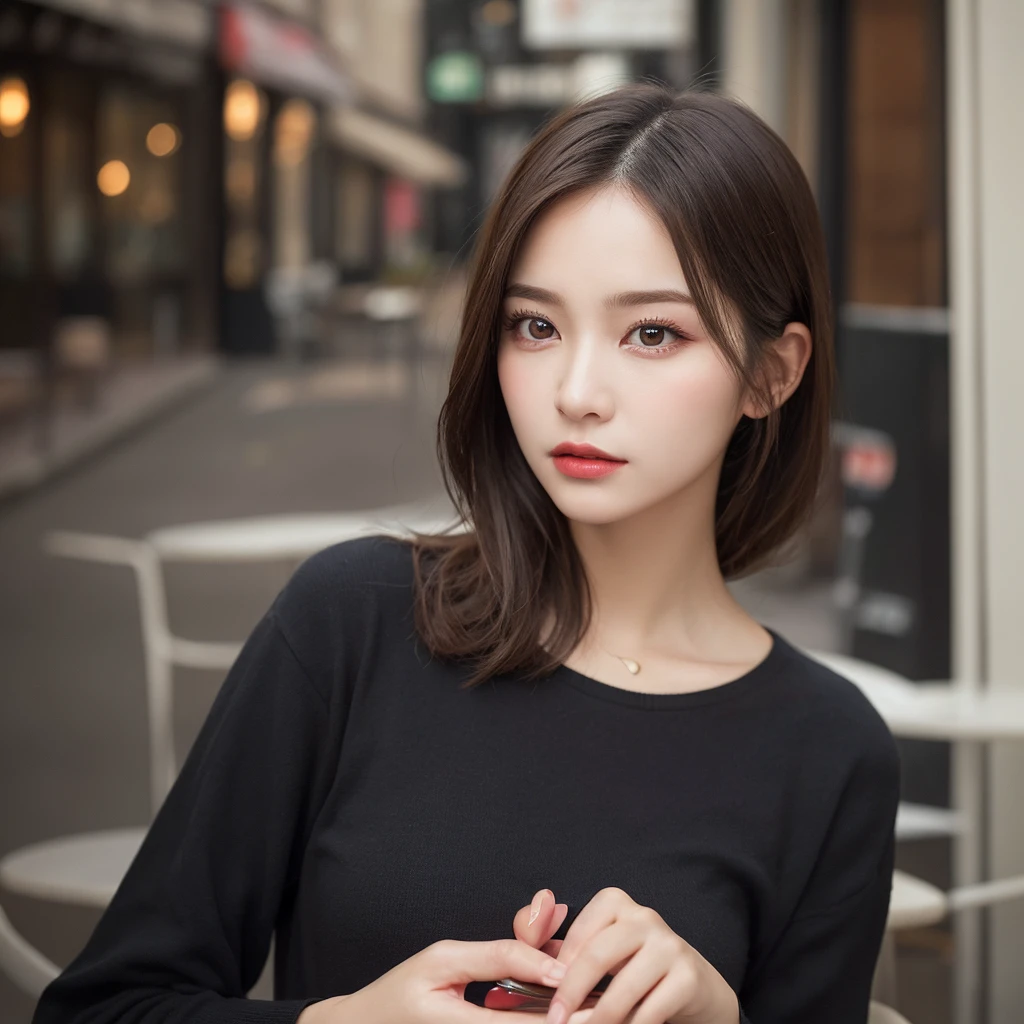 woman, (Realistic), (Hyperrealism), (photoRealistic), Depth of written boundary, eye make up:0.5, (Upper Body:1.2), (Tight waist:0.7), Watching the audience, Casual clothing, On the city streets, alone,Cafe