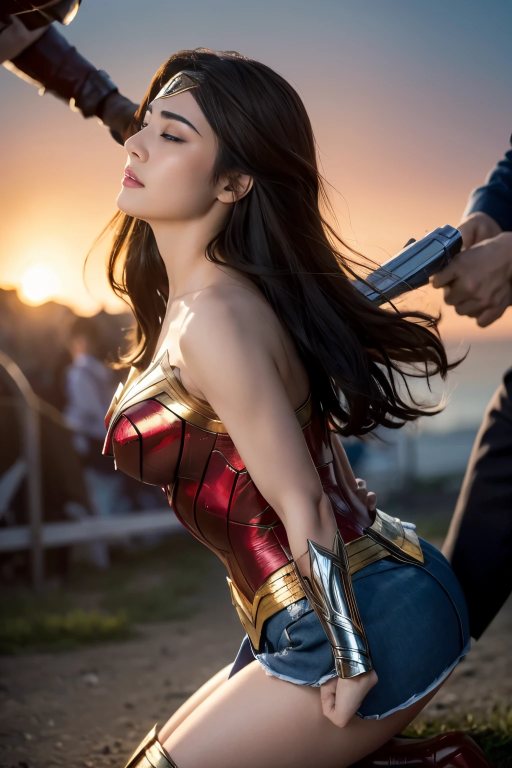 From the side,perfect wonder woman costume,Get on all fours,sleeping face,Close ~ eyes,Open your mouth,Tired face,Face of Suffering,sky face,sleeping face,Fight with the men,Surrounded by men,,caught between men,obsessed with men,Entanglement with men, Attacked by men,assaulted by men,Being bullied by a man,Sexually abused by a man,Captured by a man,Being restrained by a man、touch your face,、Hair is pulled hard,My head is grabbed,licked my hair,lick my face,brown hair, masterpiece、beautiful girl、fine 目、puffy eyes、highest quality, 超High resolution, (reality: 1.4), Cinema Lighting,so beautiful、Beautiful Skin、(超reality的な)、(High resolution)、(8k)、(Very detailed)、(beautiful and fine 目)、(Very detailed)、 Detailed face、slanted bangeshi hair、brown hair、20-year-old、Wonder Woman Cosplay,Wonder Woman's Tiara