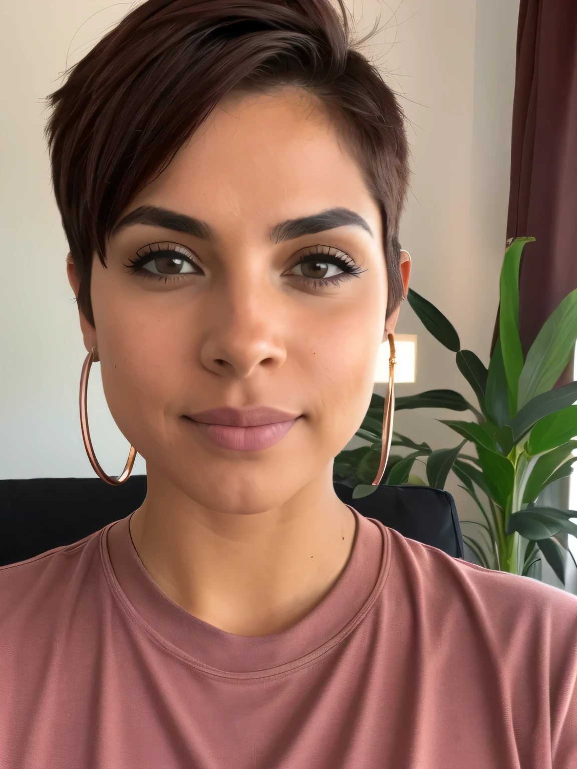 foto,8k,sharp focus,mujer hermosa,de cerca,Camiseta,(ojos detallados:0.8),(Looking to the camera:1.4),(of the highest quality),(mejor sombra de ojos),Brown eyes,edge lighting,two tone lighting,dimly lit,Clave baja,detalles intrincados,interior, pelo corto rosado:1.3,pecas, cuerpo completo, grande 