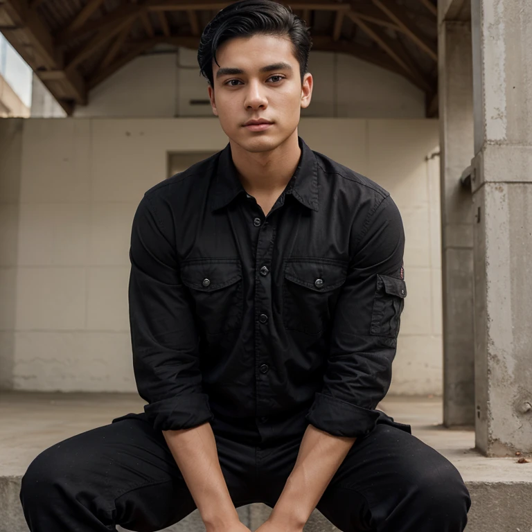 Young twenty four year old man well build without being too big. Slicked vack black hair and warm eyes. Wearing a black cargo shirt and black military pants