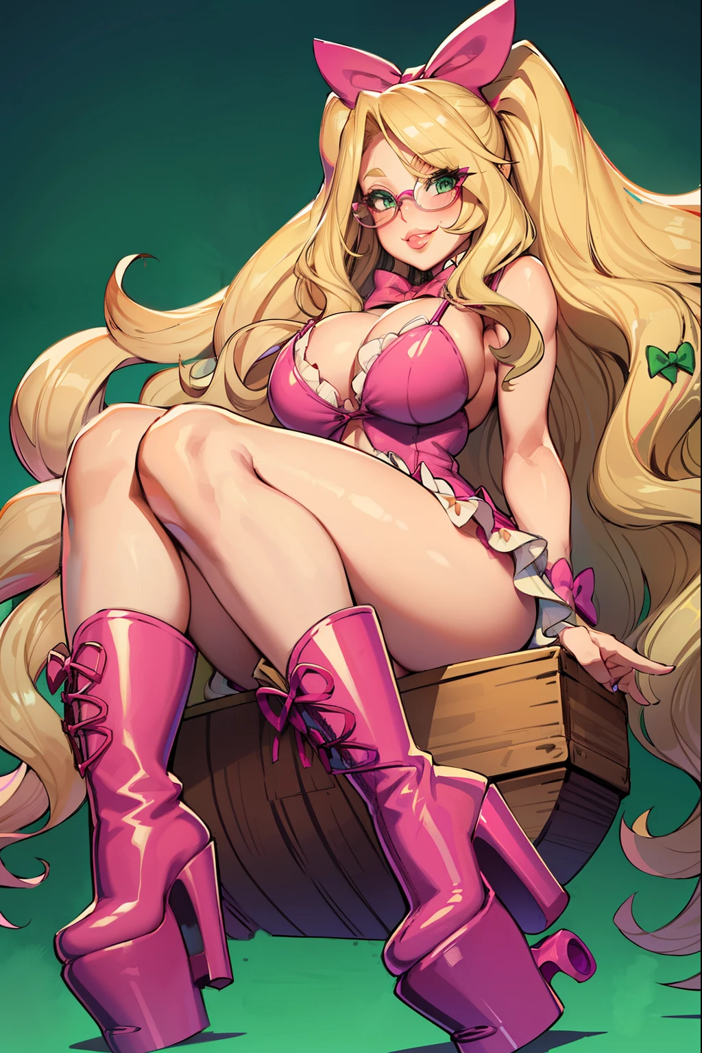 Long wavy blonde hair, green eyes, glasses, pink bow,  massive , big ass, juicy lips, big lips, droopy purple eyes, massive lashes,smiling, ((platform boots)) sitting down, from below, pantie slip