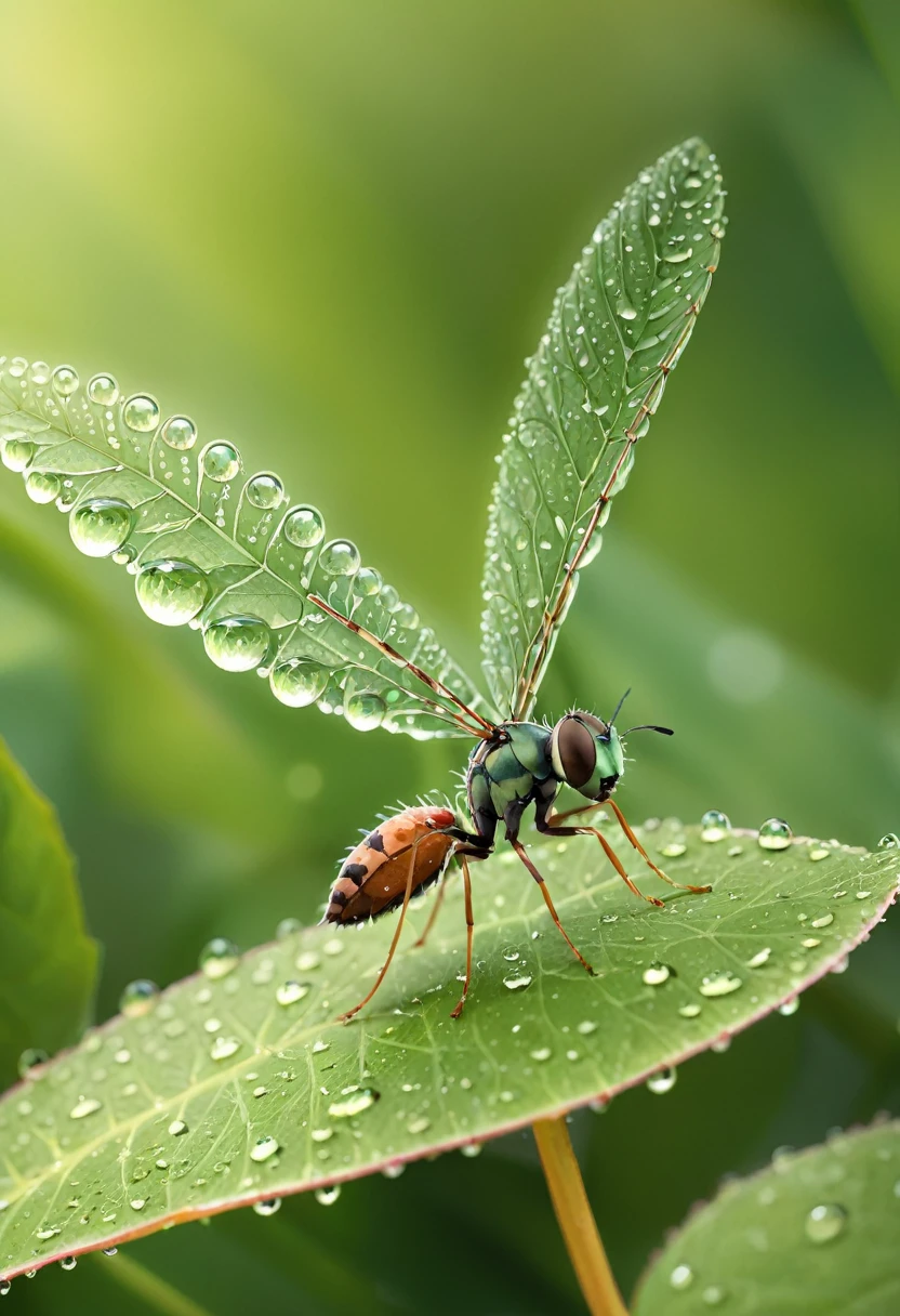 Full body photo of an Anisoptera sitting on a leaf, dew drops, soft raytrace, intricate details, crazy details, 8k, summer atmosphere, ultra-realistic hair, reFlections, F/11, 8k, cinematic, realistic, naturalistic shot, Winner of the National Geographic Award, 32k
