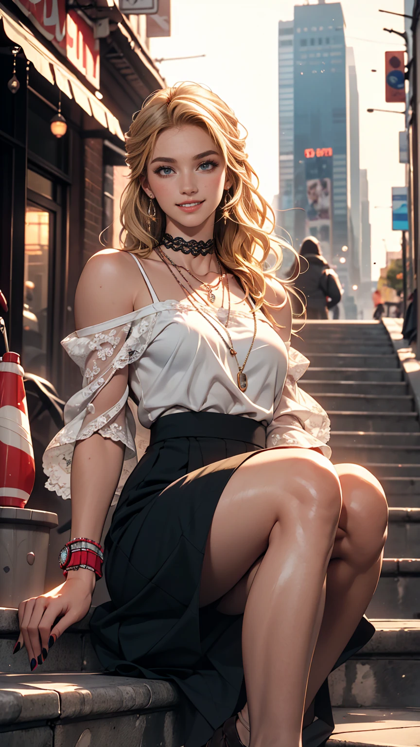 24-year-old Caucasian woman、Hair is blonde、Eye color is blue、Semi-long、Slender but well-proportioned muscular man、She is wearing an off-shoulder top with frilly frills.、She is wearing a low-rise pleated skirt.、Wearing sandals、I'm in a bar at night in the city、a smile