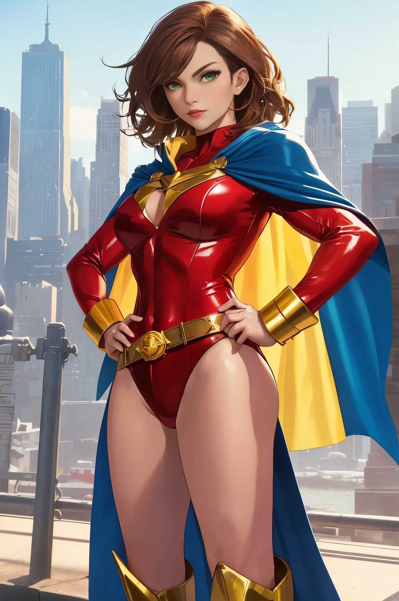 ((best quality)), ((masterpiece)), ((ultra realistic)), (dynamic heroic pose), american, beautiful detailed face, detailed eyes, sexy reporter, ((dressed in a red leotard with blue accents)), new york city backdrop, highly detailed, professional, bare legs, full body), hands on hip, standing, ((brown hair, medium hair)), green eyes, matching boots, yellow boots, ((long sleeves, yellow cuffs)), yellow hawk-shaped crest engraved on chest, ((blue cape)), cowboy shot, gold superhero belt