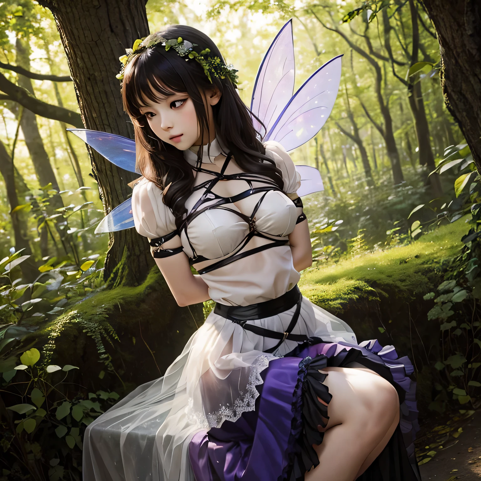 Make a picture where a beautiful fairy is bound and gagged, bound, she wearing a sheer skirt,gr3ysh33r