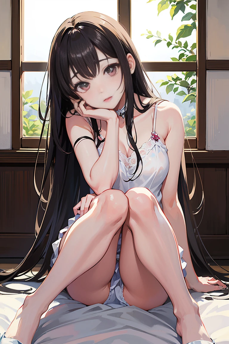 Dark brown hair、Light brown eyes、Japanese actress face、 Lady、I'Iは彼とIが好きです'I'Iは40歳くらいです.、(Intricate details:1.2)、(Which one is on top??:1.4)、 (Ultra-high resolution:1.2)、Ultra-high resolution、(Finely tuned)、(Detailed facial features)、Hmph、8k resolution、D cup size breasts、Long Hair、Large windows、Extravagant space、relax、、,Full body photo、headからつま先までのショット、Beautiful legs、Beautiful legs、A refreshing room filled with sunlight、she, household items, (plant:0.8), Fashion Hub, Extreme Detail, Very detailed, Realistic, Hourglass-shaped body, Obscene pose,、、I cry a lot、tears、person on the left、White wall、White floor、diagonally from below、Please lift your chin、Put your butt against the wall、relaxした表情、Pose of Weakness、(auraroid photo:1.2)、from outside the window、A masterpiece of transparent painting、8k、32k、highest quality、(Details of both eyes)、1 girl、elegant、(Loose knit camisole :1.4)、sunset、sit、(Low Angle、Take a look here、Tilt'head:1.2)、Hilarious、Looking at the camera、