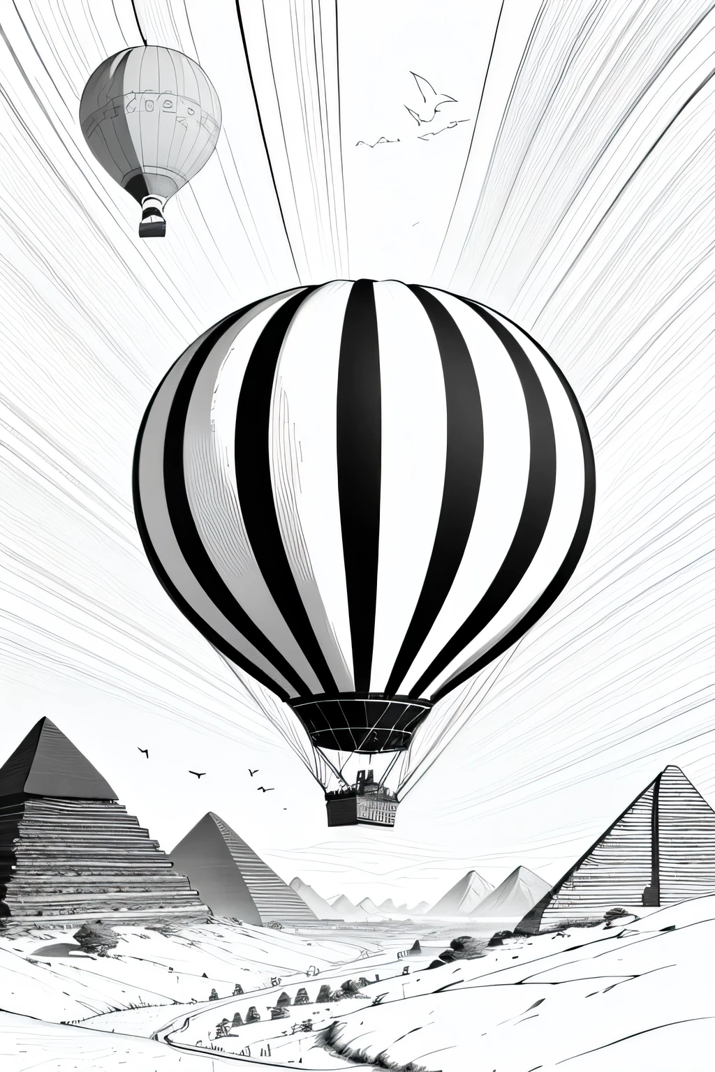 hot air balloon in an Egyptian landscape, sketch, black and white landscape, line art, detailed, (((uncolored)))