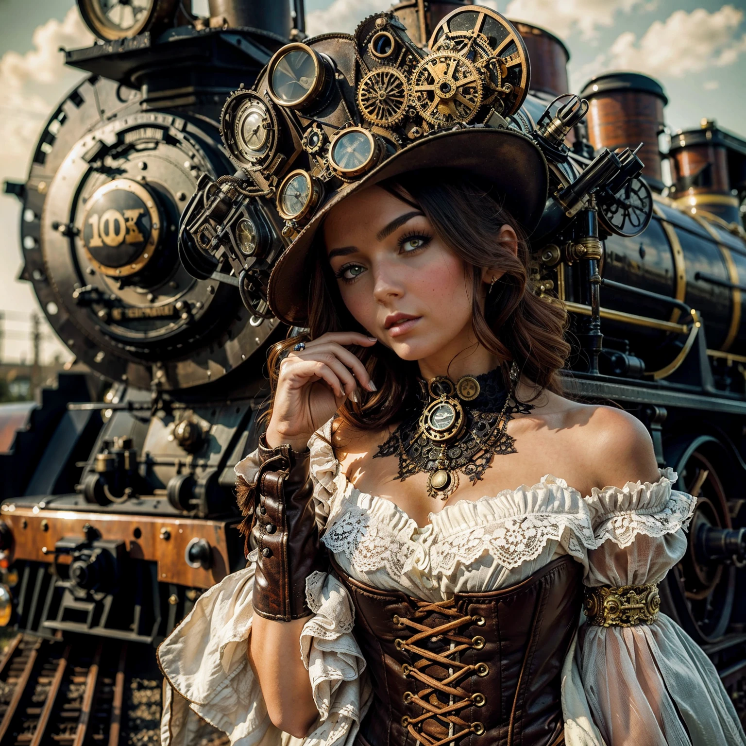 A beautiful steampunk woman in front of a steampunk locomotive