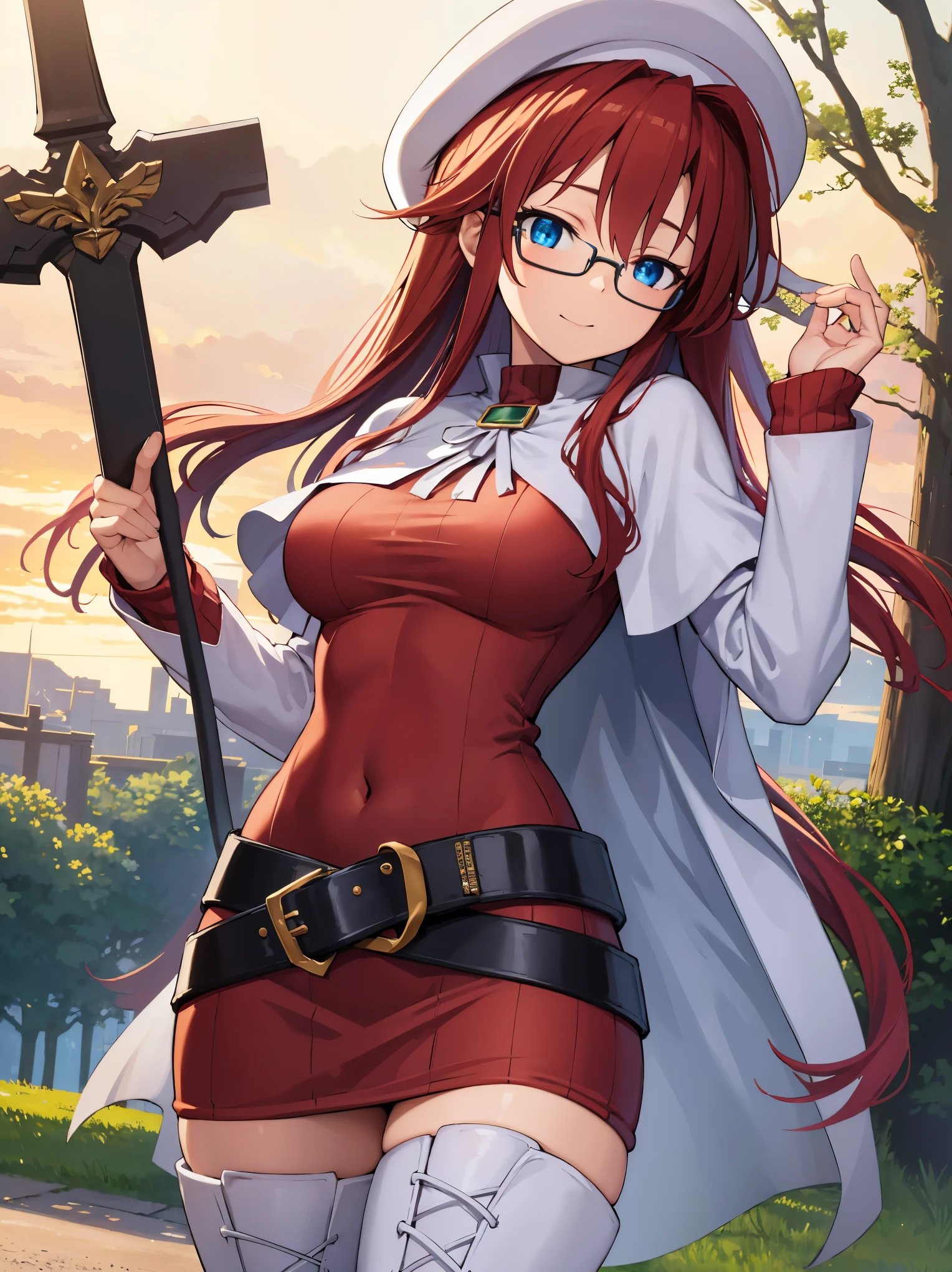 masterpiece, best quality, asuna ichinose, blue eyes, very long red hair, hair ribbon, solo, 1 girl, flower garden, outdoors, standing, cross, bow, grin, floating hair, looking at viewer, massive breasts, big breasts, clock tower, front view, leaning forward, full body, cowboy shot, sunset,
