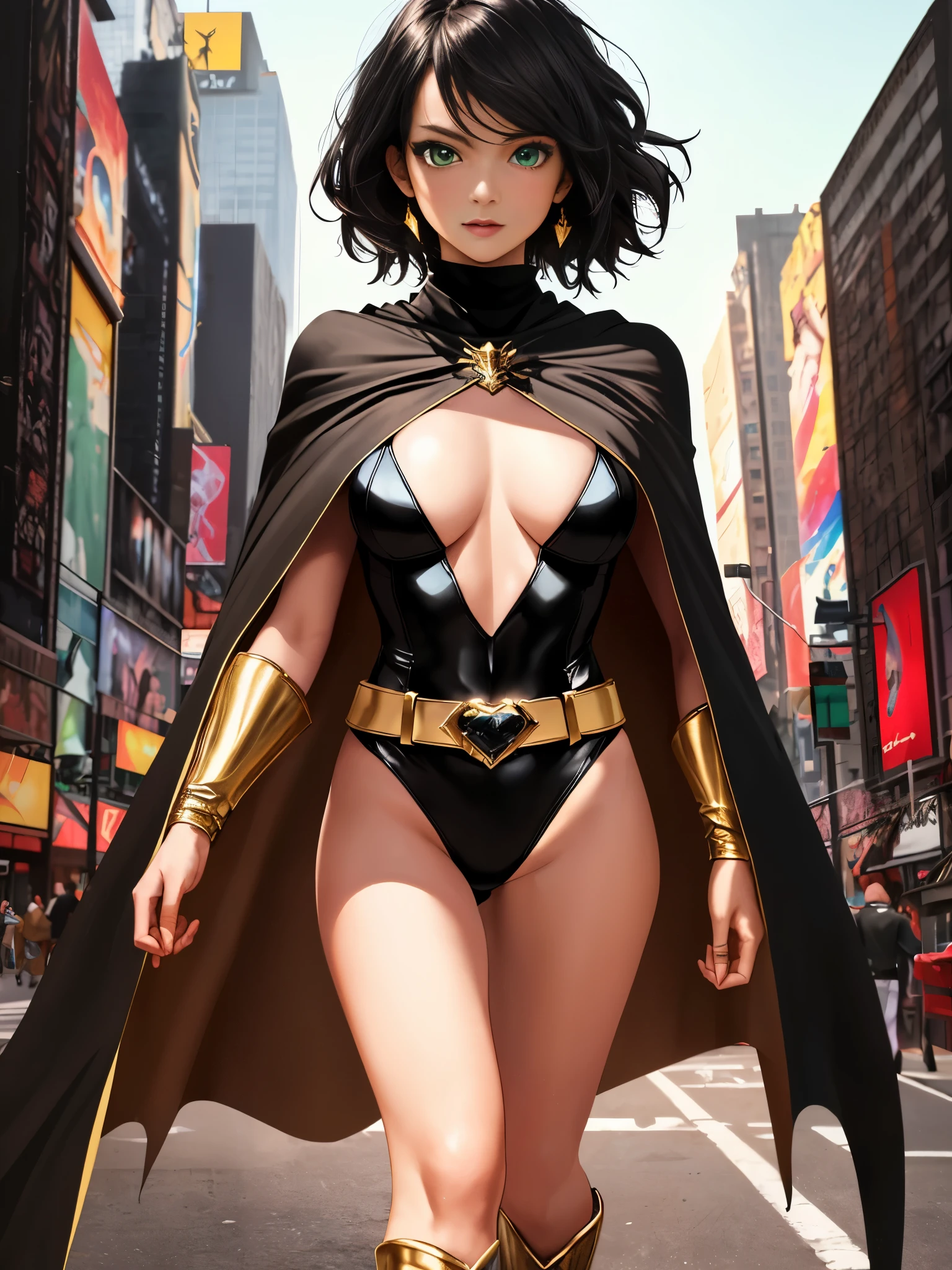 ((best quality)), ((masterpiece)), ((ultra realistic)), (dynamic standing pose), (solo), german, beautiful detailed face, detailed eyes, sexy model, ((dressed in a black leotard)), new york city backdrop, highly detailed, professional, bare legs, full body), ((black hair, short hair)), green eyes, matching boots, long sleeves, yellow hawk-shaped crest engraved on chest, ((black cape)), turtleneck, gold superhero belt