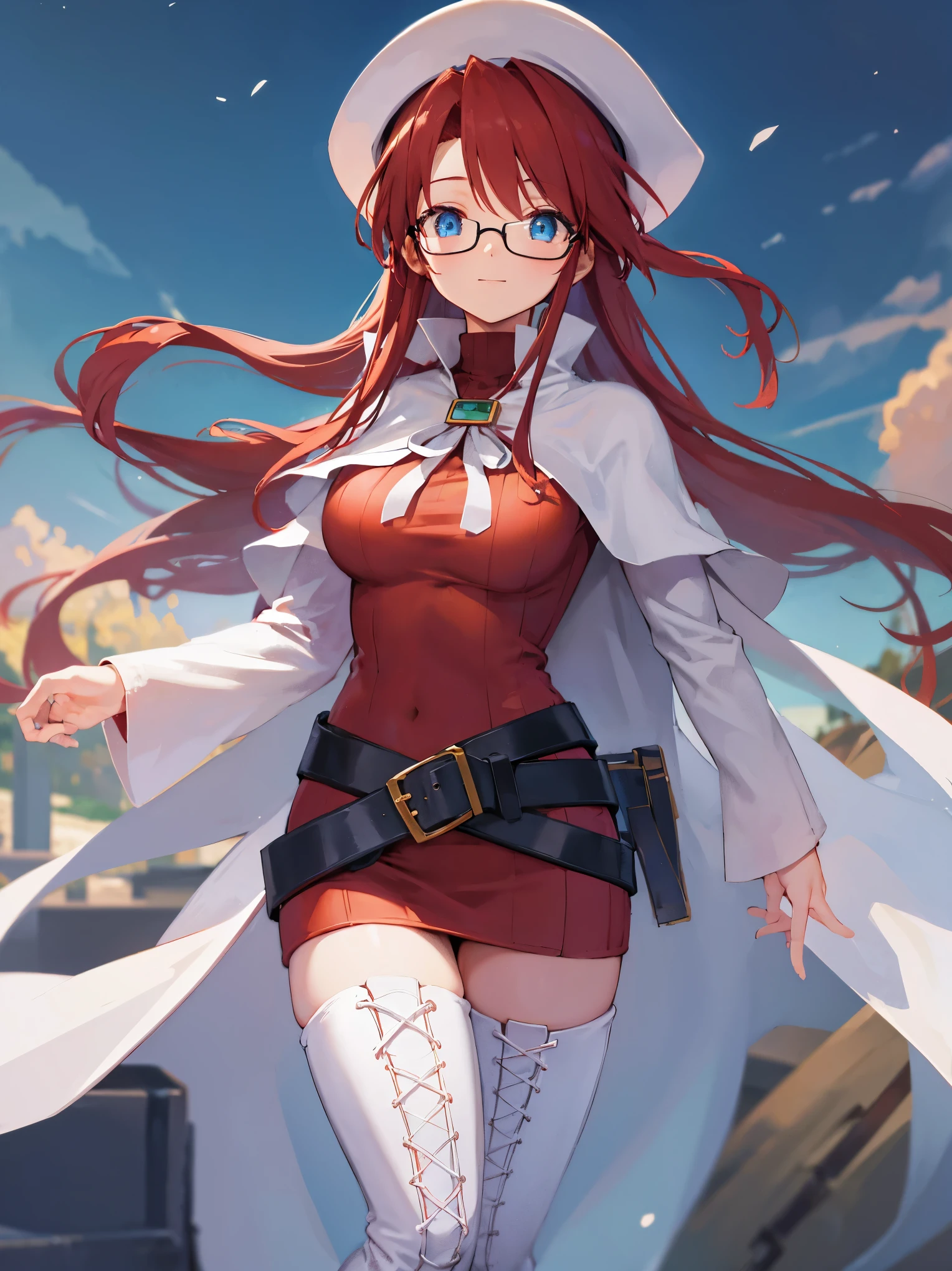 summonnightaty, aty, long hair, blue eyes, red hair, beret, hat, glasses,
BREAK long hair, thighhighs, hat, dress, boots, glasses, belt, cape, sweater, zettai ryouiki, beret, thigh boots, white footwear, ribbed sweater, loose belt,solo,
BREAK outdoors, fantasy,on_a_ship,
BREAK (masterpiece:1.2), best quality, high resolution, unity 8k wallpaper, (illustration:0.8), (beautiful detailed eyes:1.6), extremely detailed face, perfect lighting, extremely detailed CG, (perfect hands, perfect anatomy),covered_nipples,covered_navel,light_smile ,(half_eyes:1.4),sword,armpit,sleepy,dynamic_standing,barrel,red_sweater,apart_legs,magical_effect,pulmp,big_tits,
