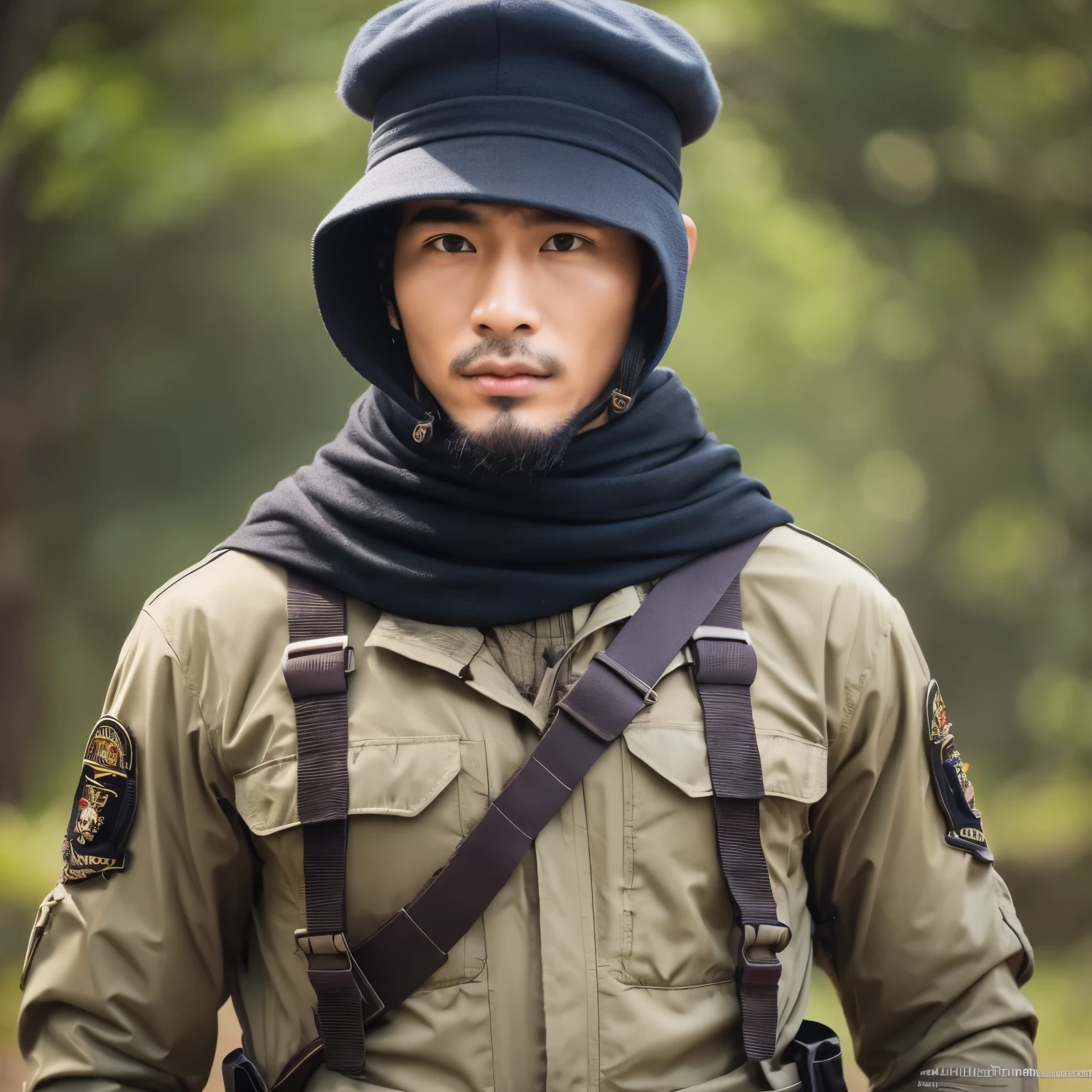 Modern day guerilla fighter soldier booniehat neck scarf Asian male Ak 47