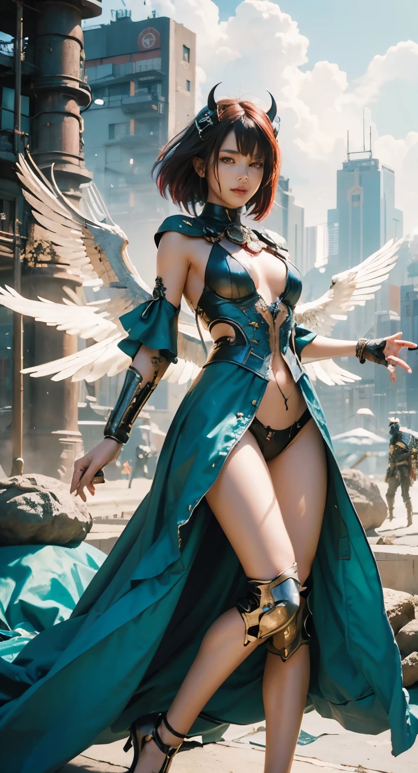 (top-quality:1.2, masterpiece)、ultra high resolution、extremely ultra surrealism, (Photorealsitic:1.4)、Raw photo、Steampunk Battle Cyborg fallen angel、large wings made of metal、black porcelain body、red hair、glowy skin、1 Cyborg boy、japanese, extremely handsome face, ((super realistic details))、portrait、globalillumination、Shadow、octan render、8K、ultrasharp、character edge light、Details of complex ornaments、Acrylic Clear Cover、Sumerian details、Ultra-realistic and precise machine details, Hydraulic cylinder、Small LED lamp、highly intricate detail、Realistic light、a purple eye、radiant eyes、Facing the camera、neon details、cowboy shot、Futuristic headgear、About Cyberpunk