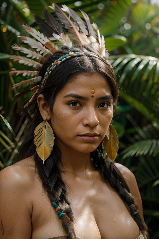 sfw. ((foto crua, melhor qualidade)), (realista, fotorrealista:1.2). A beautiful indigenous girl in native costume with feathers and feathers on her head, PENAS de arara verde azul e vermelha, no rio. Amazonian indigenous peoples in Brazil, linda jovem feminina brasileira nativa, corpo quente, corpo em boa forma, rosto muito detalhado, Yanomami Indian in typical costumes,alta qualidade. Amazon rainforest background. cinematic lighting. 