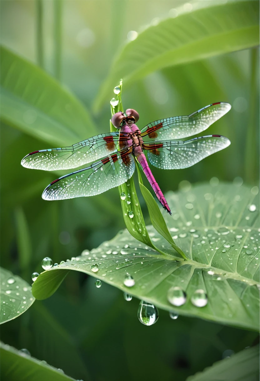 Full body photo of a dragonfly sitting on a leaf, dew drops, soft raytrace, intricate details, crazy details, 8k, summer atmosphere, ultra-realistic hair, reFlections, F/11, 8k, cinematic, realistic, naturalistic shot, Winner of the National Geographic Award,32k.