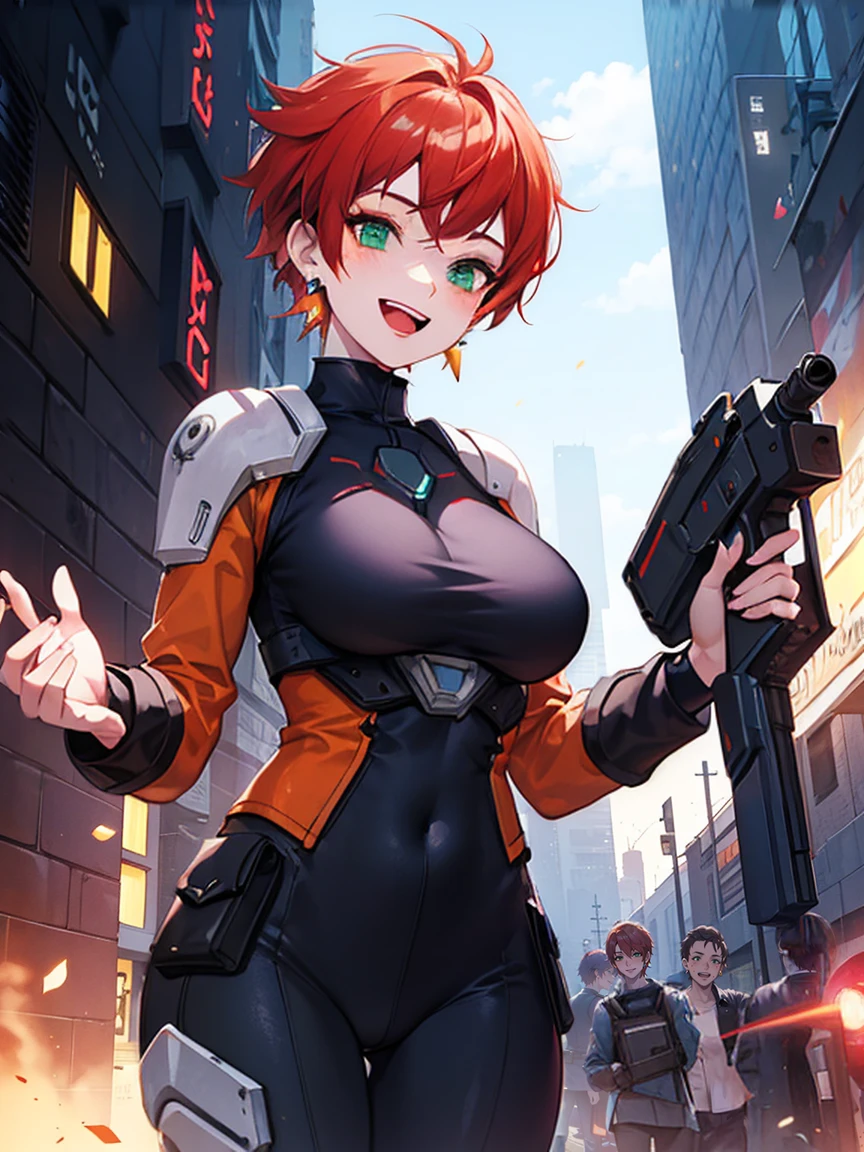 Gwen Tennyson,Tracer,Bulma,Rebecca Chambers,Overwatch,1 Girl,Sunlight,close up,Cyberpunk City,space ship,planet, The Mandalorian,military uniform,Bounty Hunter Gear,Green Long Sleeve Lycra Top,Military leggings,Long hair,silver earrings,Nightgown,Holding a blaster, Gothic Makeup,Green Eyes,Orange Hair,purple hair highlights,Shy laugh, freckle,Red hair,beautiful girl,Large Breasts,Ultra Detailed,Practical,Fantasy Art,