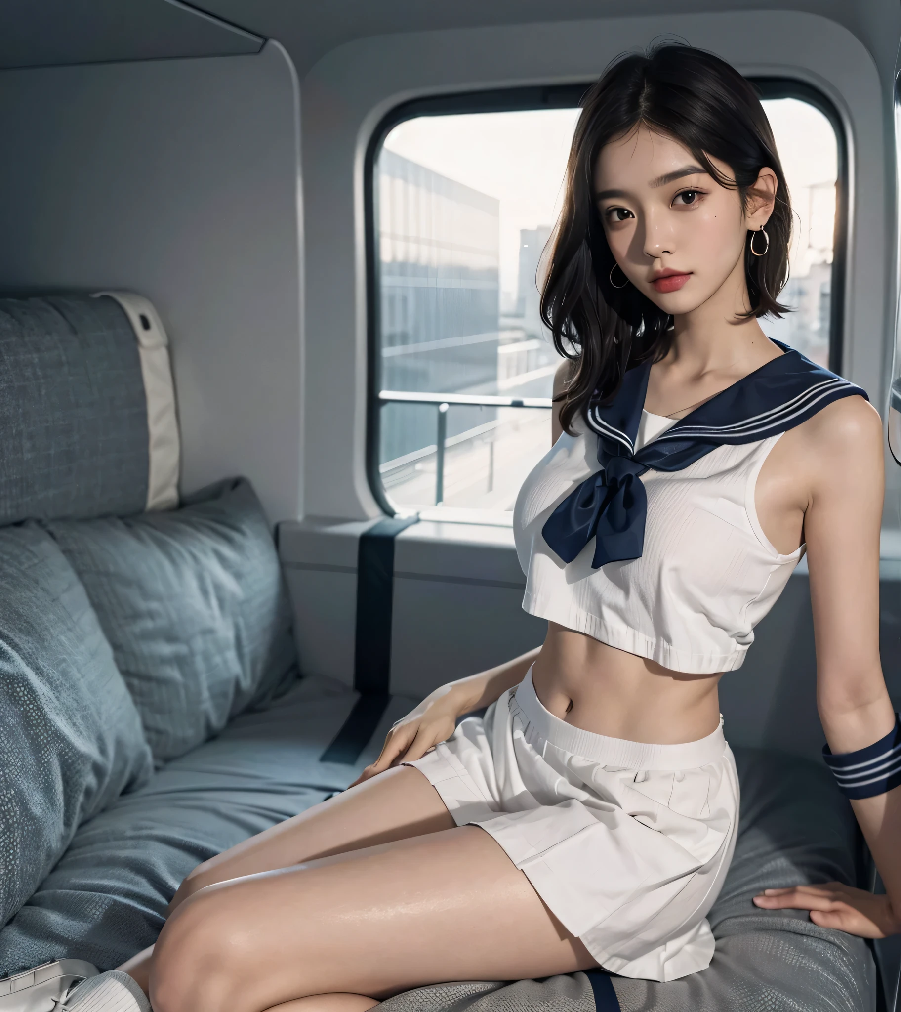 absurdres, RAW photo, extremely delicate and beautiful, masterpiece, Best Quality, ultra high resolution, 32k, hyperrealistic, ultra-detailed, perfect anatomy, perfect figure, super Detailed skin, Very detailed CG 8k wallpaper, 30 years old, very Slim body, narrow waist, very small head, very small face, delicate facial features, tearful mole, earring, (thin legs), (very huge round breasts:1.2), (full body shot:1.2), (solo:1.2), short medium hair, (wavy hair:1.2), wet clothes, (sailor uniform:1.3),