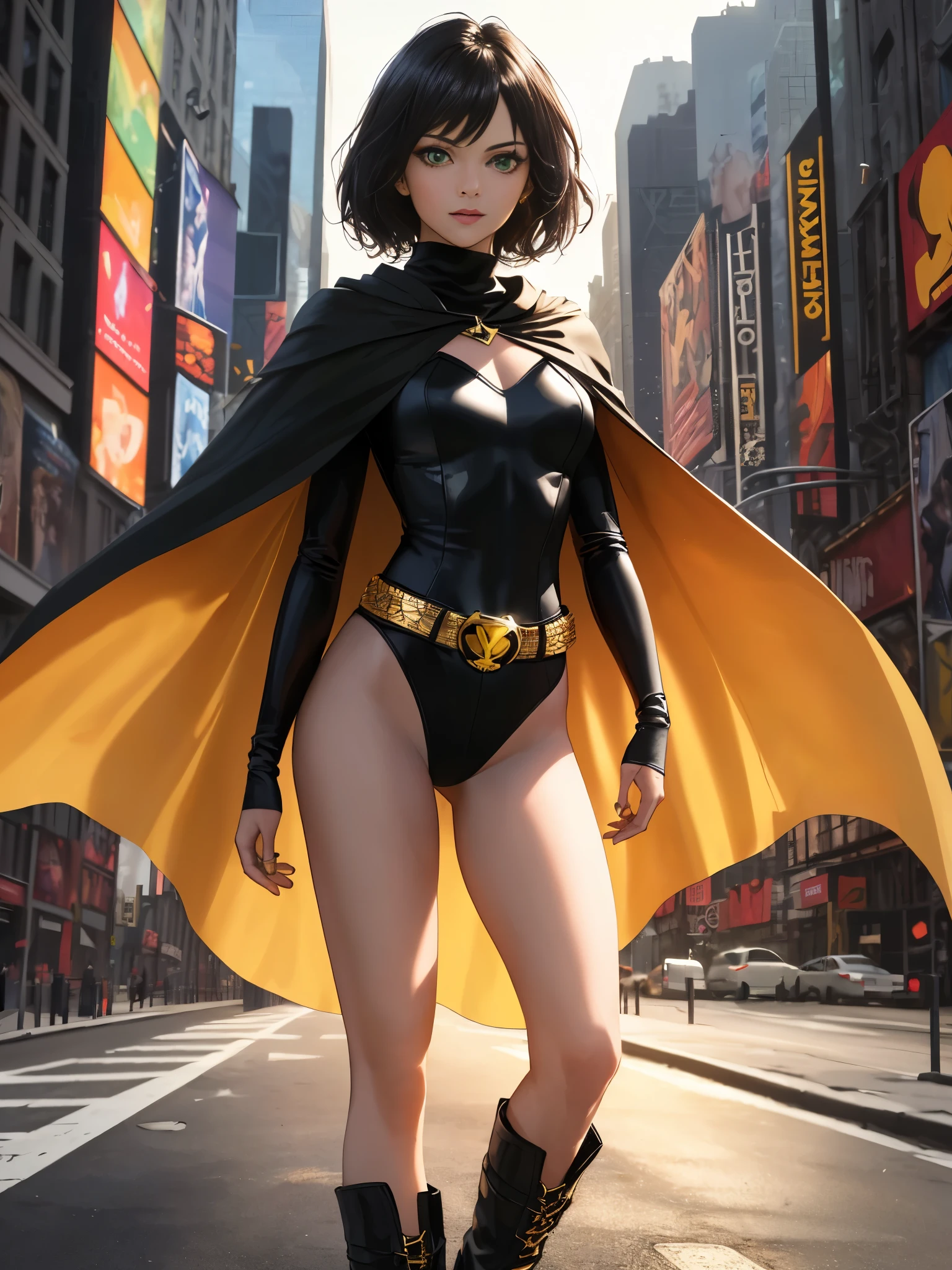 ((best quality)), ((masterpiece)), ((ultra realistic)), (dynamic standing pose), (solo), german, beautiful detailed face, detailed eyes, sexy model, ((dressed in a black leotard)), new york city backdrop, highly detailed, professional, bare legs, full body), ((black hair, short hair)), green eyes, matching boots, long sleeves, yellow hawk-shaped crest engraved on chest, ((black cape)), turtleneck, gold superhero belt