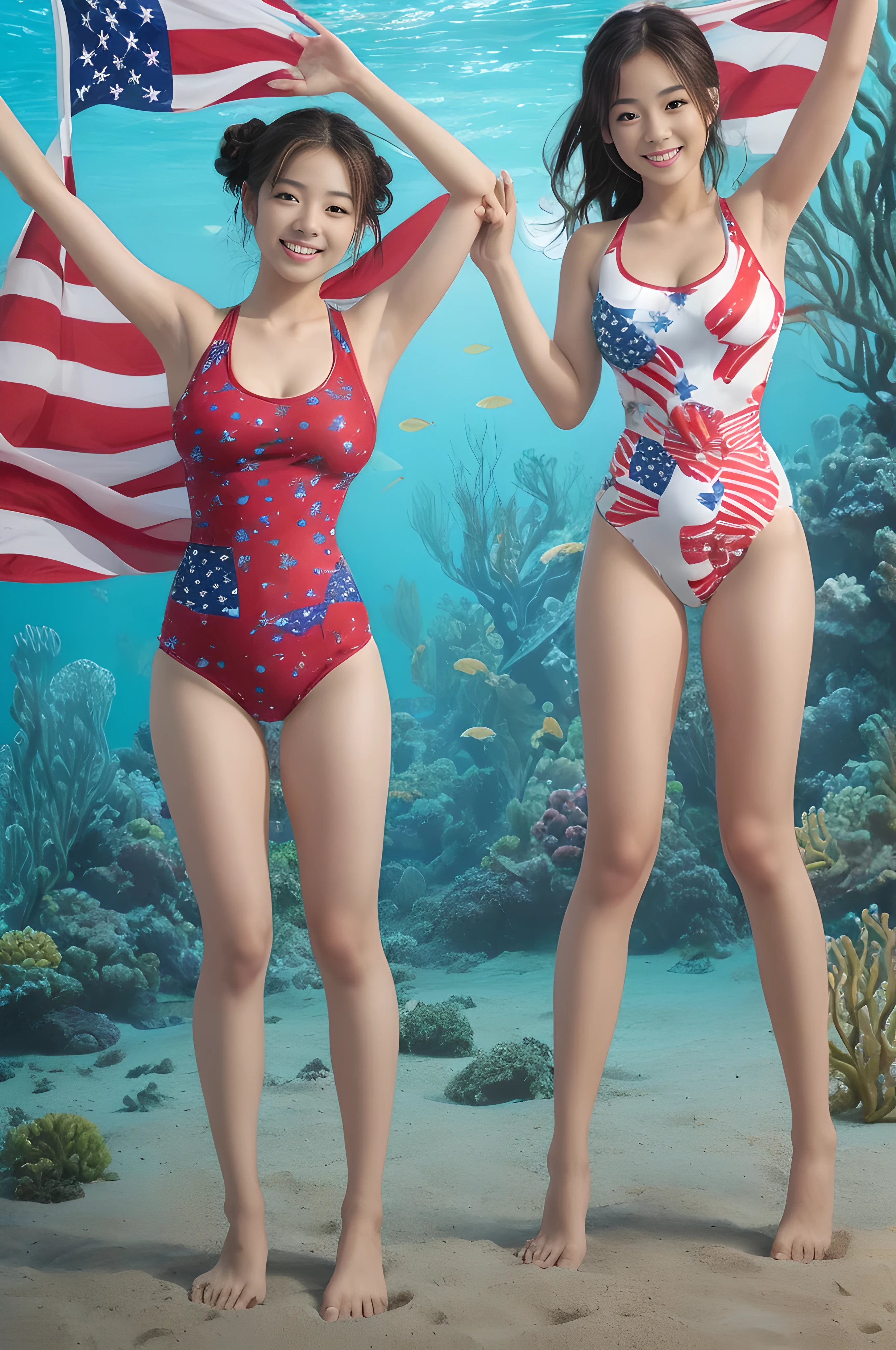 (((young slender beautiful Japanese girls posing under sea))), natural front lighting, ultra sharp focus,brown braided ponytail hair, (((bright skin))),large eyes with long eyelashes and double eyelids, dynamic angle,red lip,smile, 2girls, ((waving arms)), (((huge breasts))), (full body shot:2), (((wearing USA-flag-printed one-piece swimwear))), (((slim waistline)))
