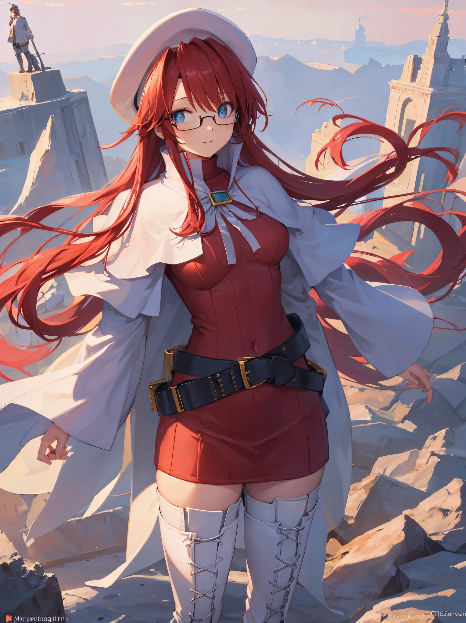 summonnightaty, aty, long hair, blue eyes, red hair, beret, hat, glasses,
BREAK long hair, thighhighs, hat, dress, boots, glasses, belt, cape, sweater, zettai ryouiki, beret, thigh boots, white footwear, ribbed sweater, loose belt,solo,
BREAK outdoors, fantasy,on_a_ship,
BREAK (masterpiece:1.2), best quality, high resolution, unity 8k wallpaper, (illustration:0.8), (beautiful detailed eyes:1.6), extremely detailed face, perfect lighting, extremely detailed CG, (perfect hands, perfect anatomy),covered_nipples,covered_navel,light_smile ,(half_eyes:1.4),long_sword,edge,armpit,sleepy,dynamic_standing,red_sweater,apart_legs,magical_effect,pulmp,big_tits,light_open_mouth,