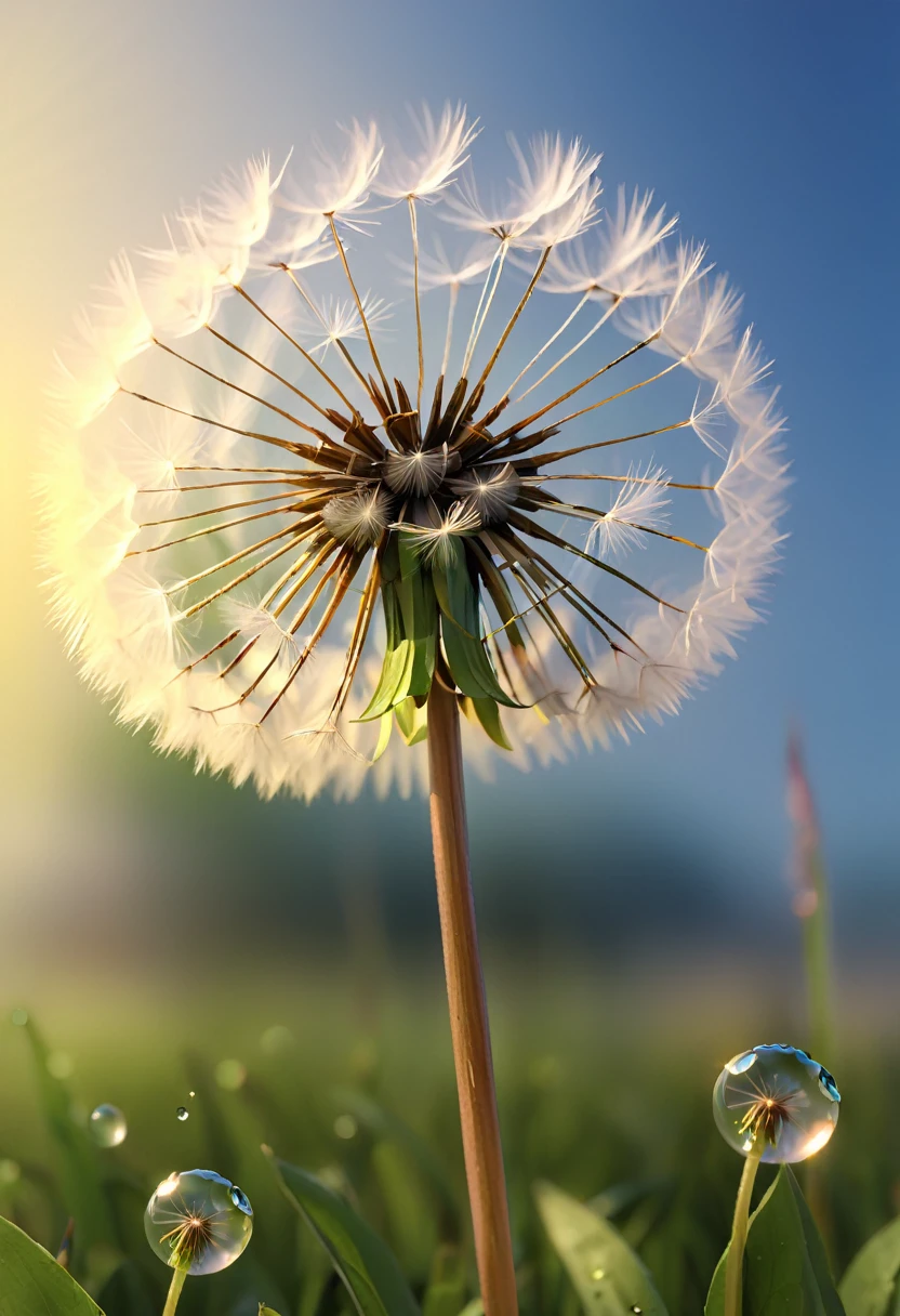 Full body photo of dandelion seeds flying in the wind, dew drops, soft raytrace, intricate details, crazy details, 8k, summer atmosphere, ultra-realistic hair, reFlections, F/11, 8k, cinematic, realistic, shot naturalist, National Geographic Award Winner, 32k.