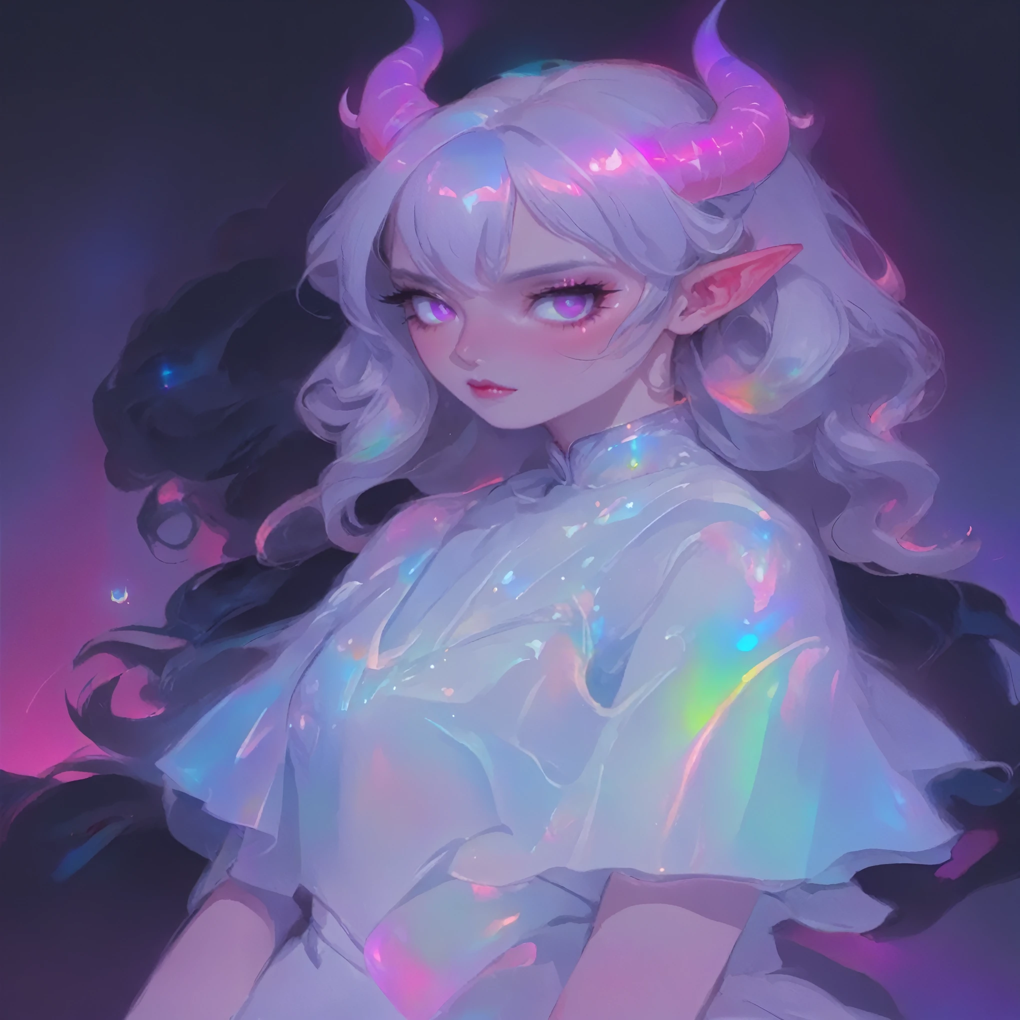 Holographic anime illustration of a demon girl with long hair, pink ears, and white horns, dressed in a white gown. Capture the essence of a queen demon in a portrait, blending the fantasy art styles of Guweiz, Loish, and Wlop with a pastel vibrant palette.