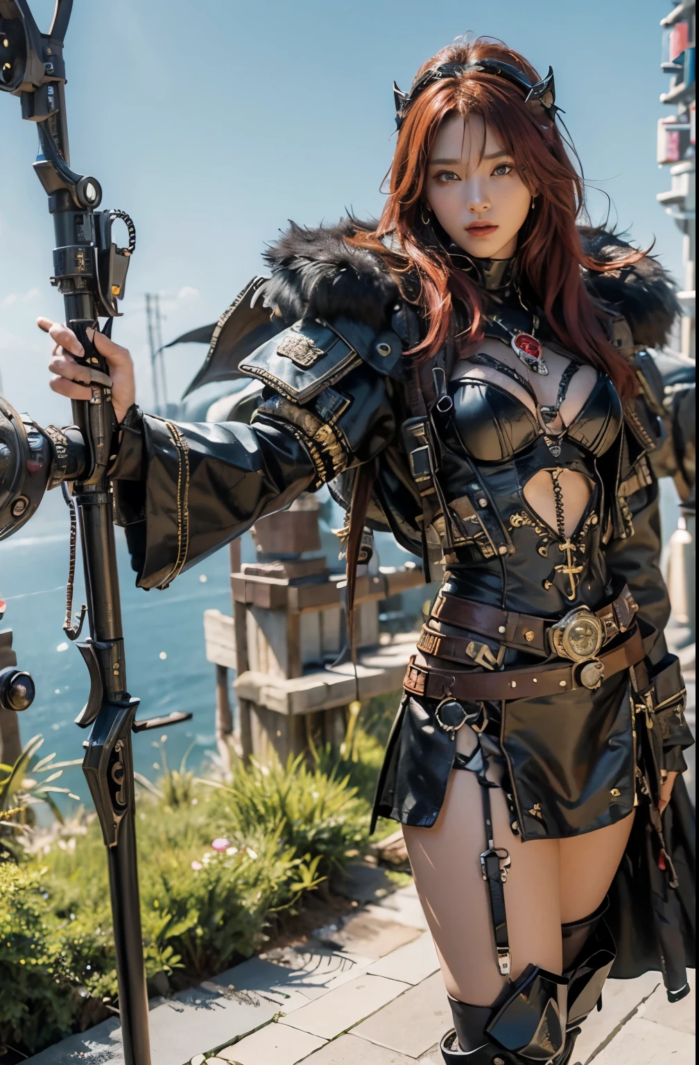 (top-quality:1.2, masterpiece)、ultra high resolution、extremely ultra surrealism, (Photorealsitic:1.4)、Raw photo、Steampunk Battle Cyborg fallen angel、large wings made of metal、black porcelain body、red hair、glowy skin、1 Cyborg boy、japanese, extremely handsome face, ((super realistic details))、portrait、globalillumination、Shadow、octan render、8K、ultrasharp、character edge light、Details of complex ornaments、Acrylic Clear Cover、Sumerian details、Ultra-realistic and precise machine details, Hydraulic cylinder、Small LED lamp、highly intricate detail、Realistic light、a purple eye、radiant eyes、Facing the camera、neon details、cowboy shot、Futuristic headgear、About Cyberpunk