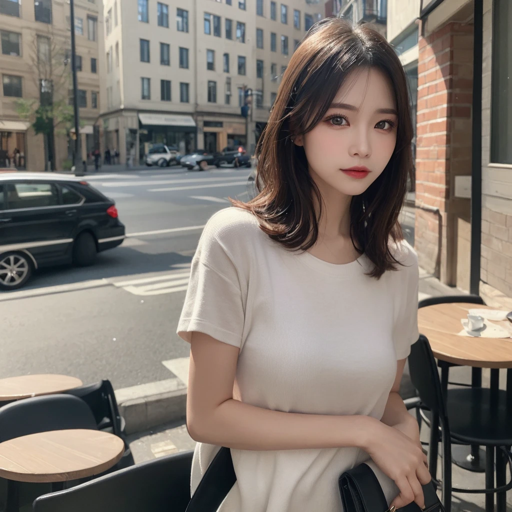 woman, (Realistic), (Hyperrealism), (photoRealistic), Depth of written boundary, eye make up:0.5, (Upper Body:1.2), (Tight waist:0.7), Watching the audience, Casual clothing, On the city streets, alone,Cafe