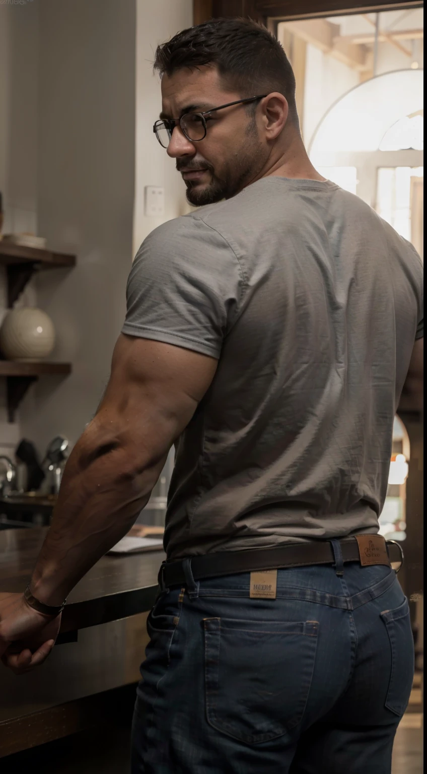 hombre musculoso salvaje, (40 year old daddy:1.1), 1 chico, Solo, (vistiendo una camisa a cuadros roja afuera), (camiseta gris por dentro), (hombros grandes), musculatura, rastrojos, barba corta, ojos bonitos:1.3, ), (cara detallada:1.3), Usando lentes, smiles, dynamic angle, volumetric lighting, (mejor calidad, A high resolution, fotorrealista), cinematic lighting, Obra maestra, foto cruda, detalles intrincados, hdr, cuerpo completo, Big muscular body, Big Bubble butt, jeans backside