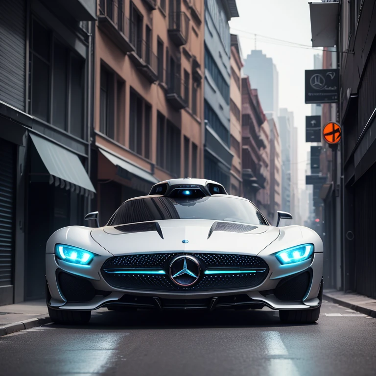 A futuristic sci fi Mercedes hovercar with its black logo stands on a narrow megapolis street. Deserted. Hyperrealism, hyperdetail, bright lighting, real car.