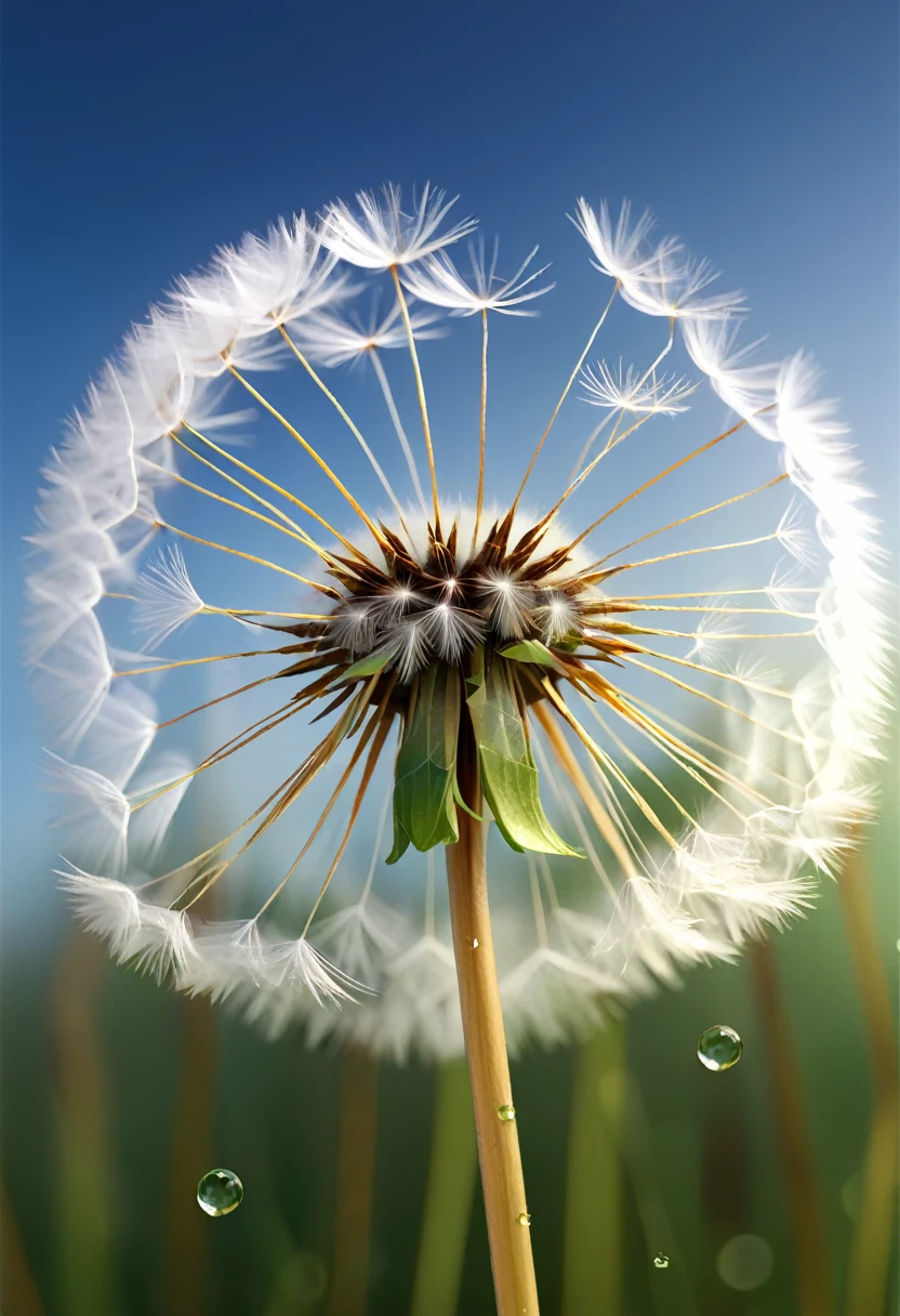 Full body photo of dandelion seeds flying in the wind, dew drops, soft raytrace, intricate details, crazy details, 8k, summer atmosphere, ultra-realistic hair, reFlections, F/11, 8k, cinematic, realistic, shot naturalist, National Geographic Award Winner, 32k.