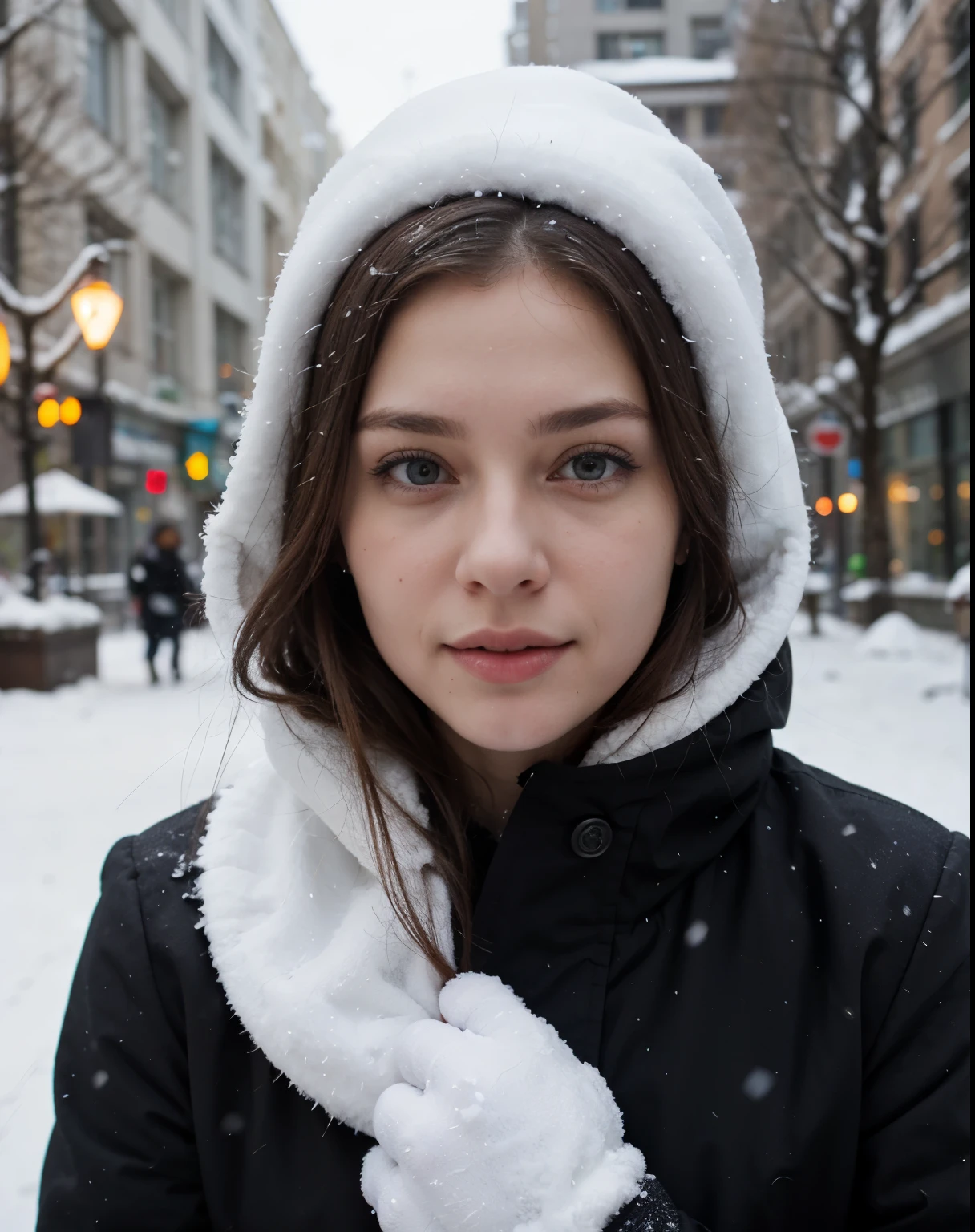 cute russian young woman, crowded snow moscou background
