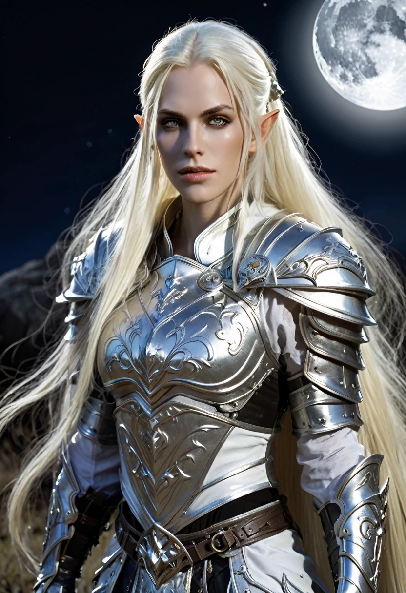 Everquest evil elf ,white eyebrows, eyelashes, curved mouth expression, smooth skin, long luscious platinum blonde hair, long detailed goatee, full detailed body, detailed necromancer paladin armor, fantasy two handed claymore, fantasy dnd at night full moon light