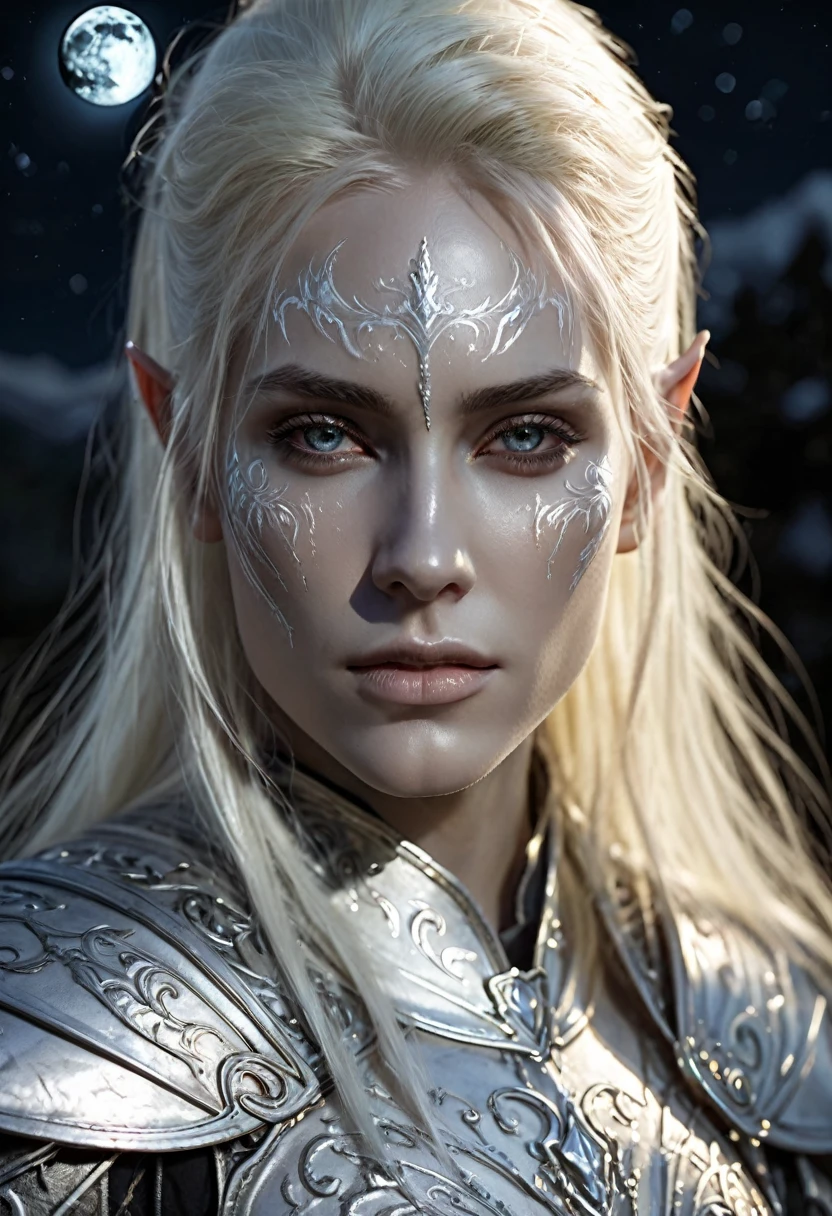 Everquest evil elf ,white eyebrows, eyelashes, curved mouth expression, smooth skin, long luscious platinum blonde hair, long detailed goatee, full detailed body, detailed necromancer paladin armor, fantasy two handed claymore, fantasy dnd at night full moon light
