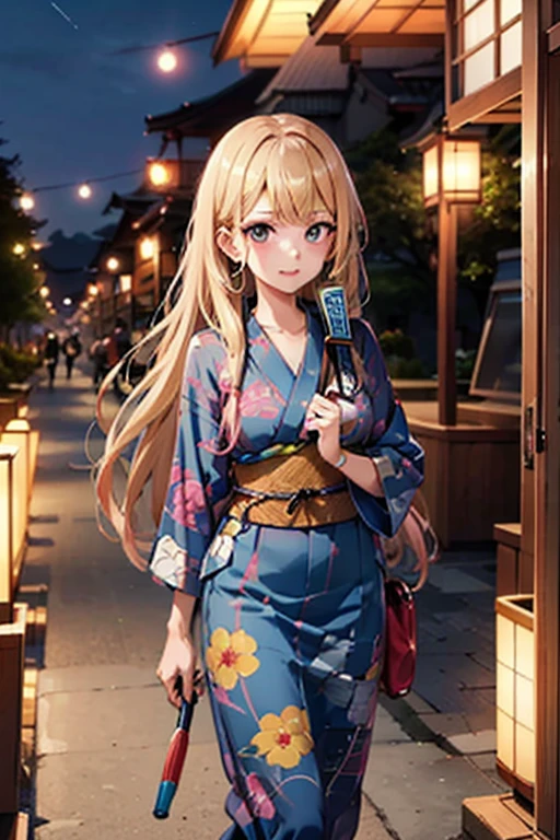 (8K、top-quality、​masterpiece:1.2)、(realisitic、ultra-detailliert、超A high resolution,,beautifull detailed face,perfect body,((nighttime)),perfect lighting,Constriction、Beautiful detailed skin、Skin Texture,1giri,long blond hair, sidetale,blue yukata,in ennichi,along yatai,walk around,with uchiwa