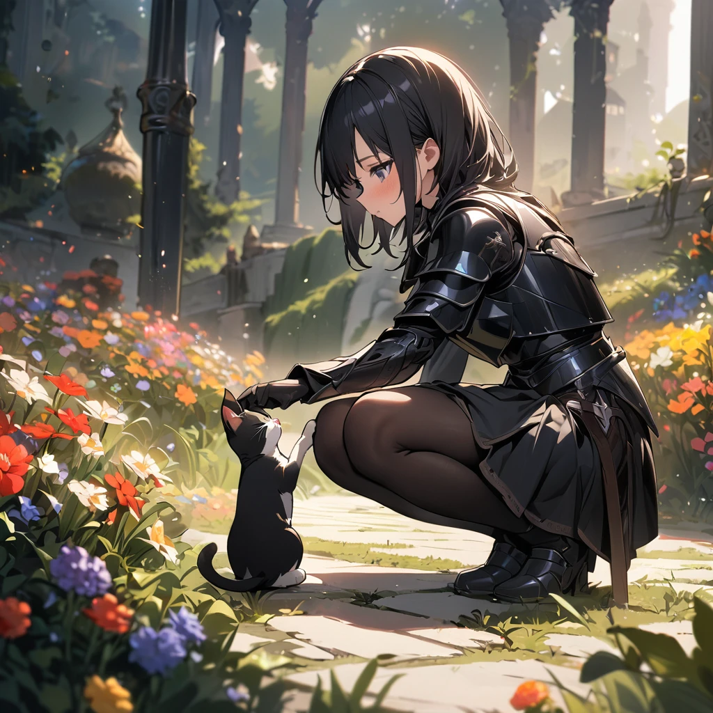 masterpiece, best quality, ultra-detailed, 1girl, a girl playing with cat, 14 years old, knight, black short hair, armed, black armor, squatting, flower garden, peaceful 