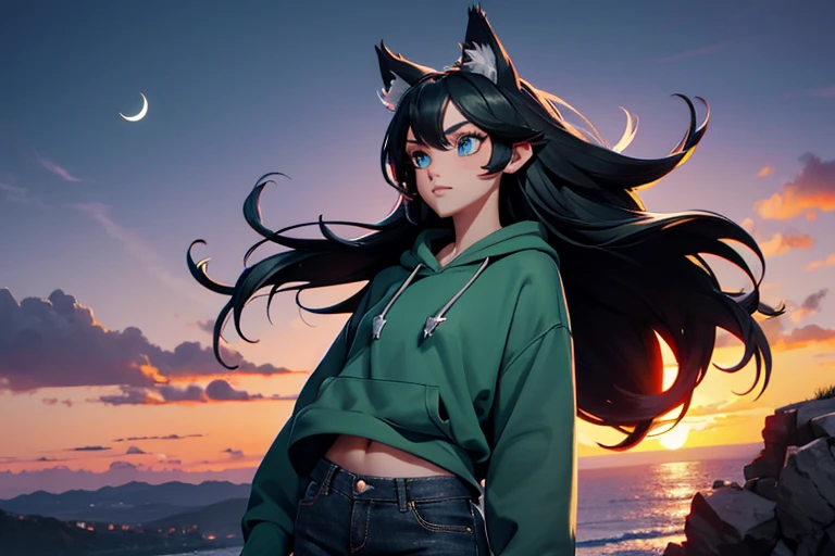 Female, black hair, dark green highlights, straight long hair, wolf ears, blue eyes, silver crescent moon necklace, green hoodie, black jeans, hill, sunset