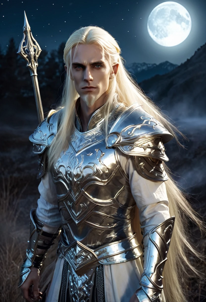 Everquest evil elf ,white eyebrows, eyelashes, curved mouth expression, smooth skin, long luscious platinum blonde hair, long detailed goatee, full detailed body, detailed necromancer paladin armor, fantasy two handed claymore, fantasy dnd at night full moon light