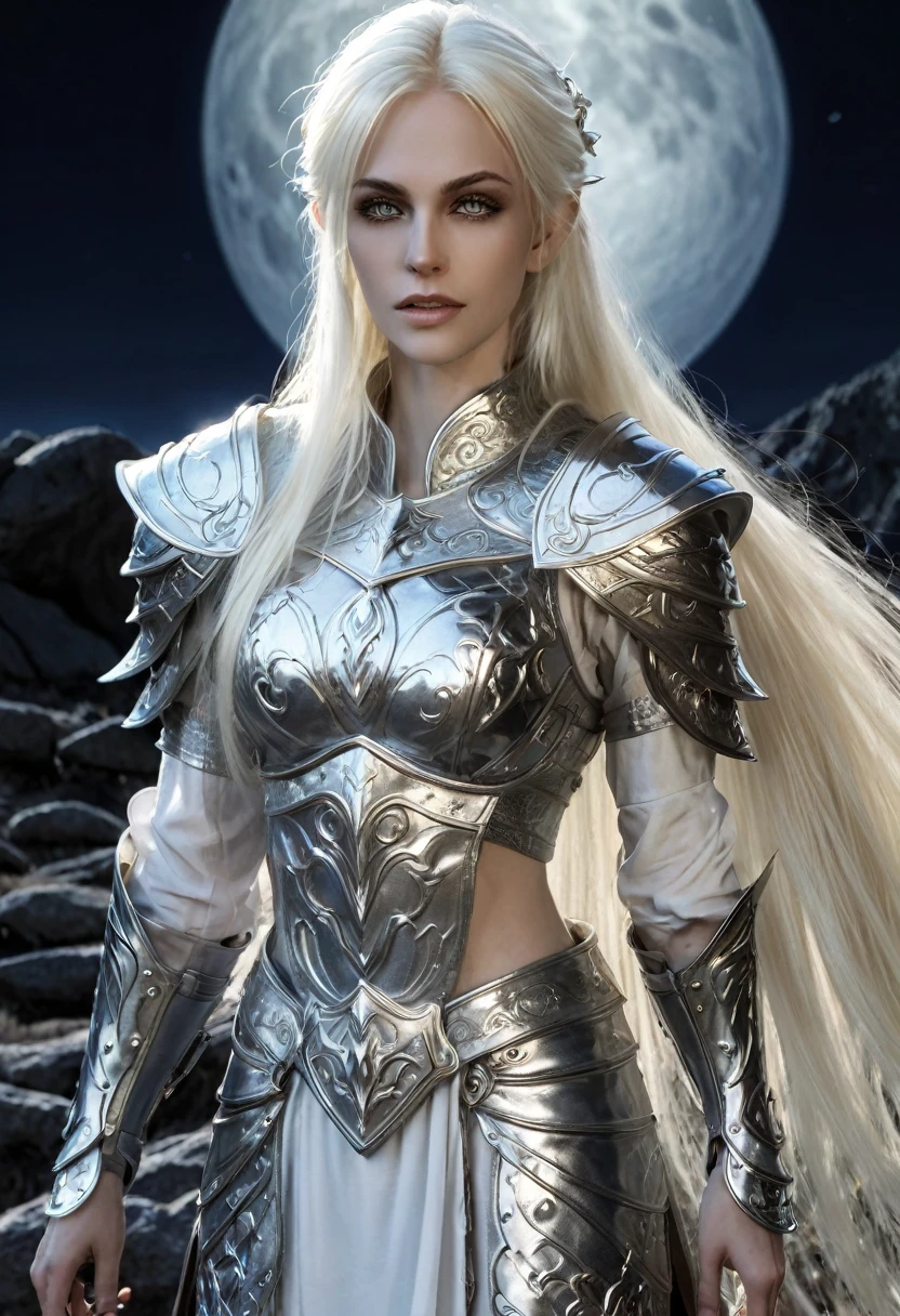 Everquest evil elf ,white eyebrows, eyelashes, curved mouth expression, smooth skin, long luscious platinum blonde hair, long detailed goatee, full detailed body, detailed necromancer paladin armor, fantasy two handed claymore, fantasy dnd at night full moon light