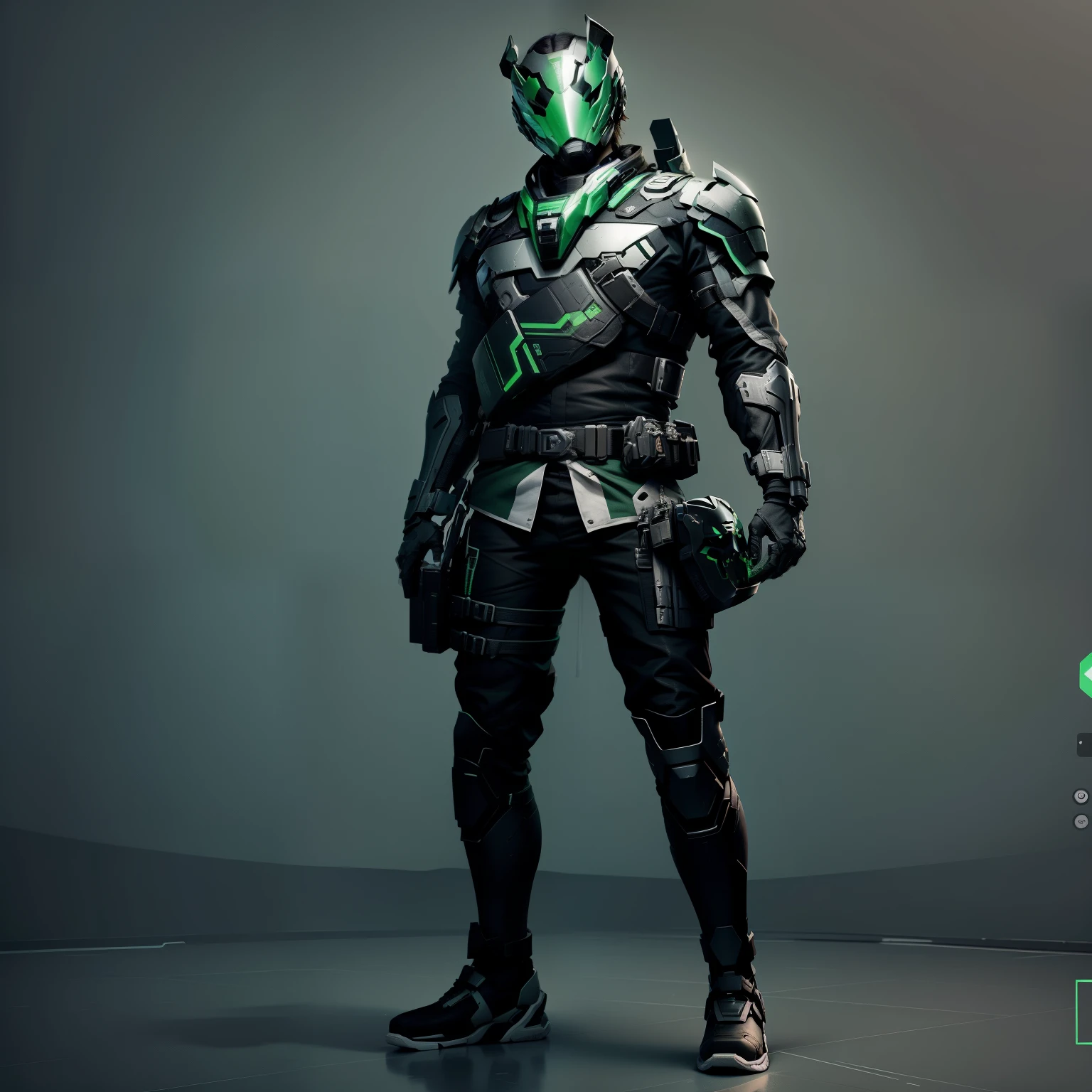 create an absolutely identical model from the source keep the green color keep the black color keep the gray color do not change the details of the mask on the face do not change the details of the head do not change the details of the face keep the shape of the eyes of the mask keep the white inserts keep the metal inserts