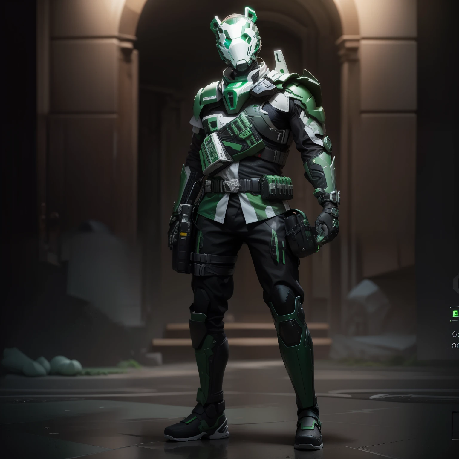 create an absolutely identical model from the source keep the green color keep the black color keep the gray color do not change the details of the mask on the face do not change the head details do not change the face details keep the eye shape of the mask keep the white inserts keep the metal inserts do not change the white colors do not change the white inserts do not change the green ones does not change colors green inserts do not change the face mask do not change the head mask keep the guide strictly keep the teddy bear on your belt